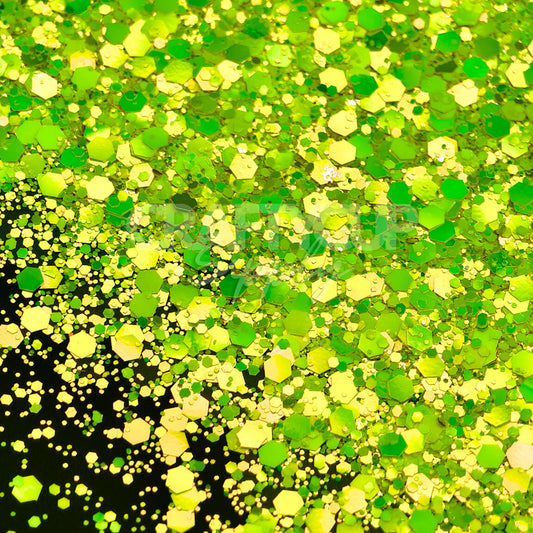 Neon yellow-green polyester glitter with chunky hex and fine particles, offering extreme sparkle—ideal for tumblers, resin, and slime.