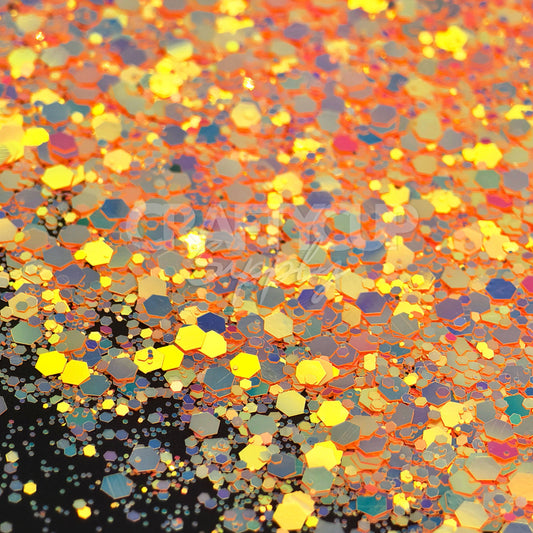 Bright coral-orange glitter with multitone shimmer and holographic mix, high-sparkle for epoxy and nail art.