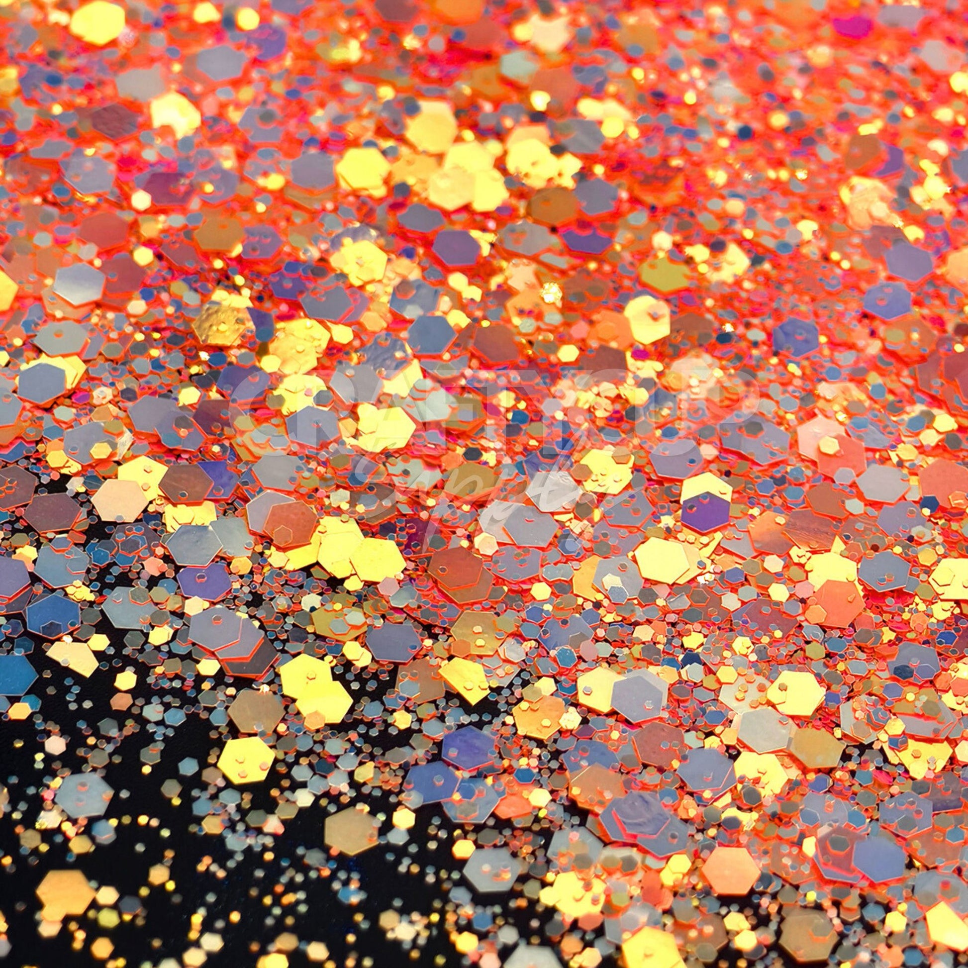 Fiery red and pink glitter with high-sparkle mix, ideal for resin art, slime, and makeup looks.