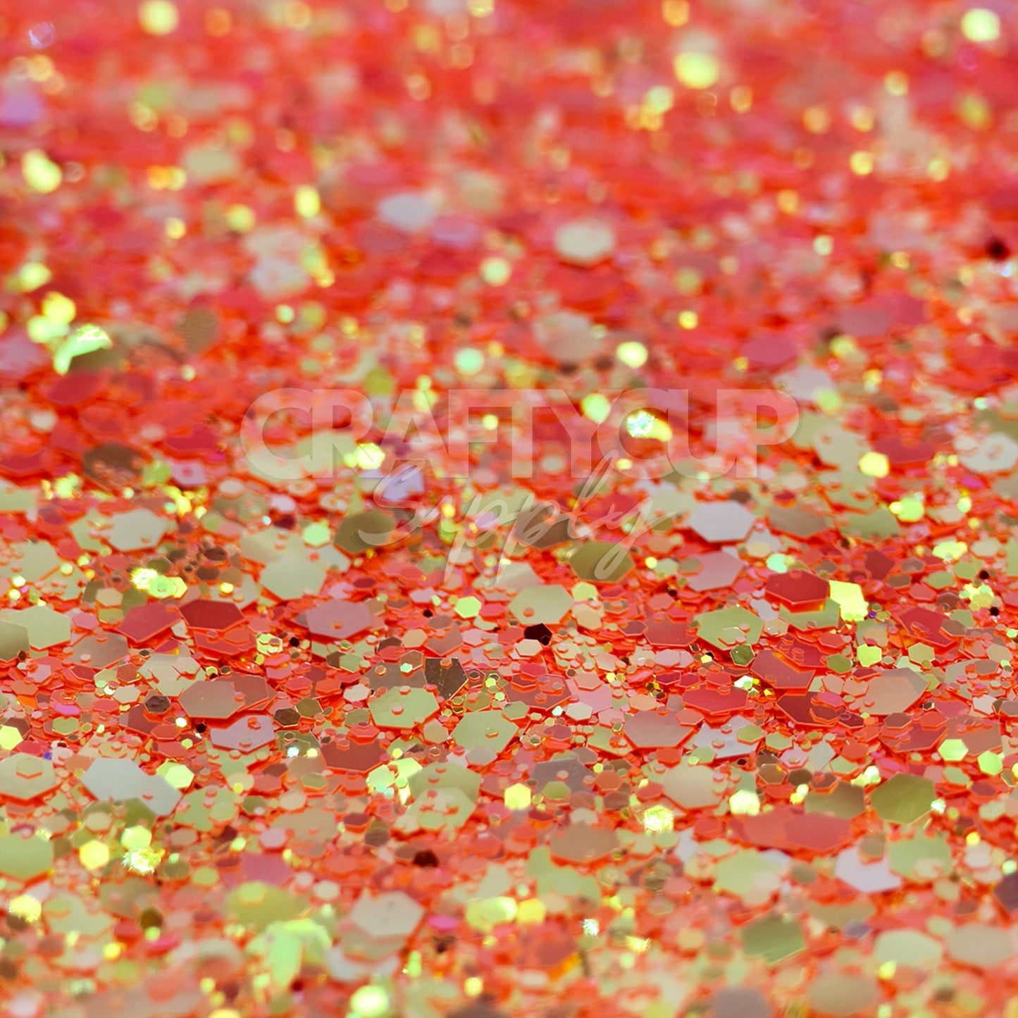 Warm golden-orange chunky glitter, polyester-based for durable, solvent-resistant shine.