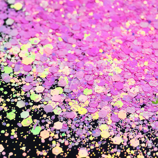 Light pink and gold shimmer glitter with chunky mix, ultra-sparkly for nail art and candle toppings.