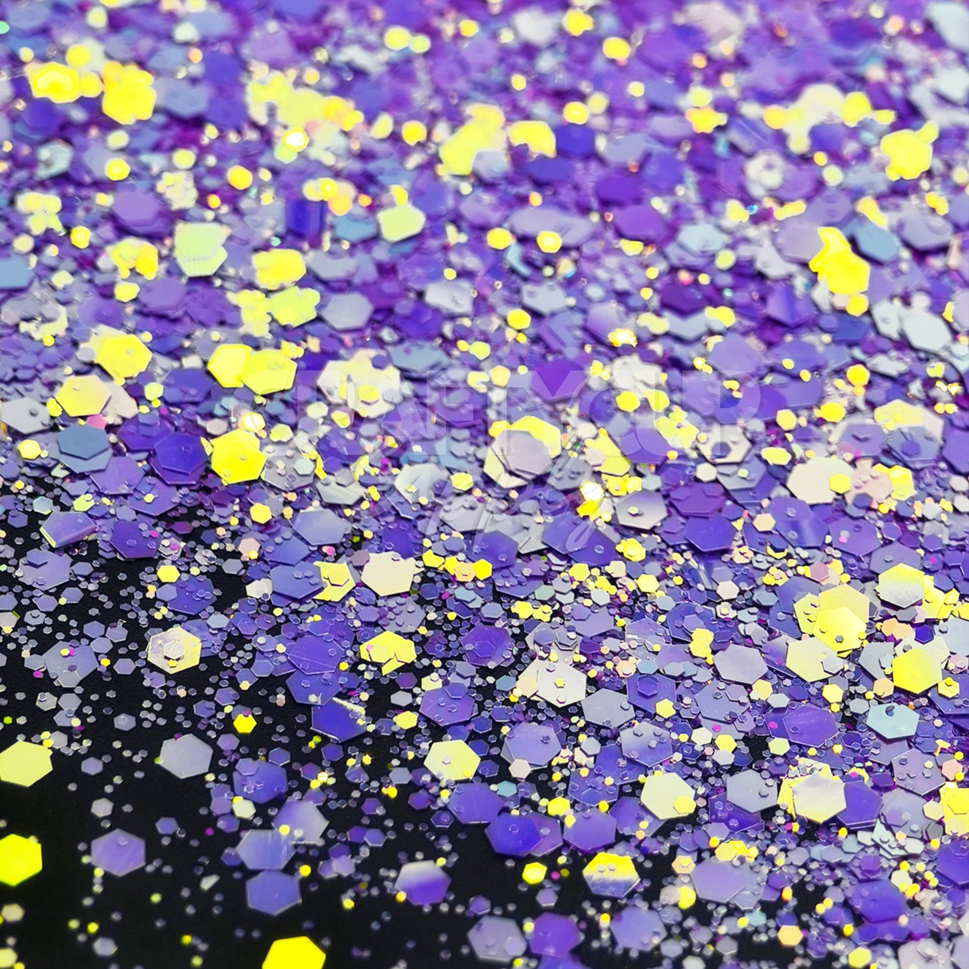 Lavender and lilac chunky glitter blend with yellow iridescent accents, heat-resistant and ideal for epoxy.