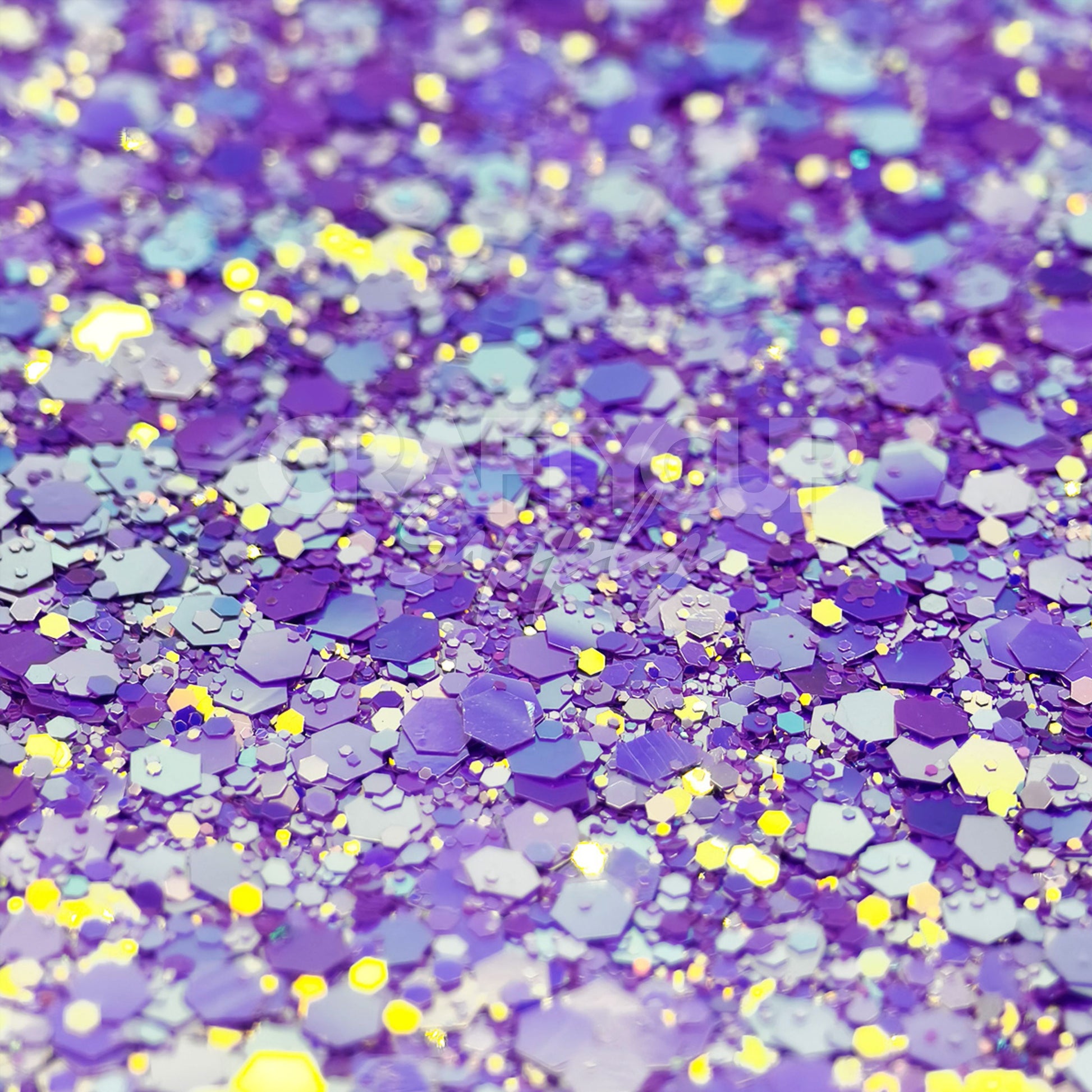 Lavender and lilac chunky glitter blend with yellow iridescent accents, heat-resistant and ideal for epoxy.
