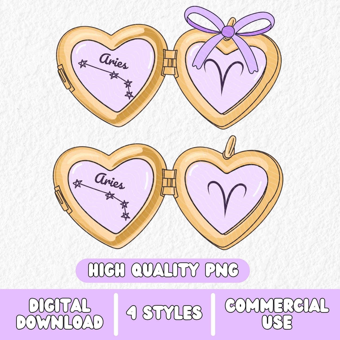 a cute trending and popular PNG digital download design of a gold love heart locket featuring a zodiac star sign and constellation symbol, finished with a purple lilac bow.  Can be used to create physical stickers or use for sublimation on clothing such as t shirts, jumpers and canvas bags