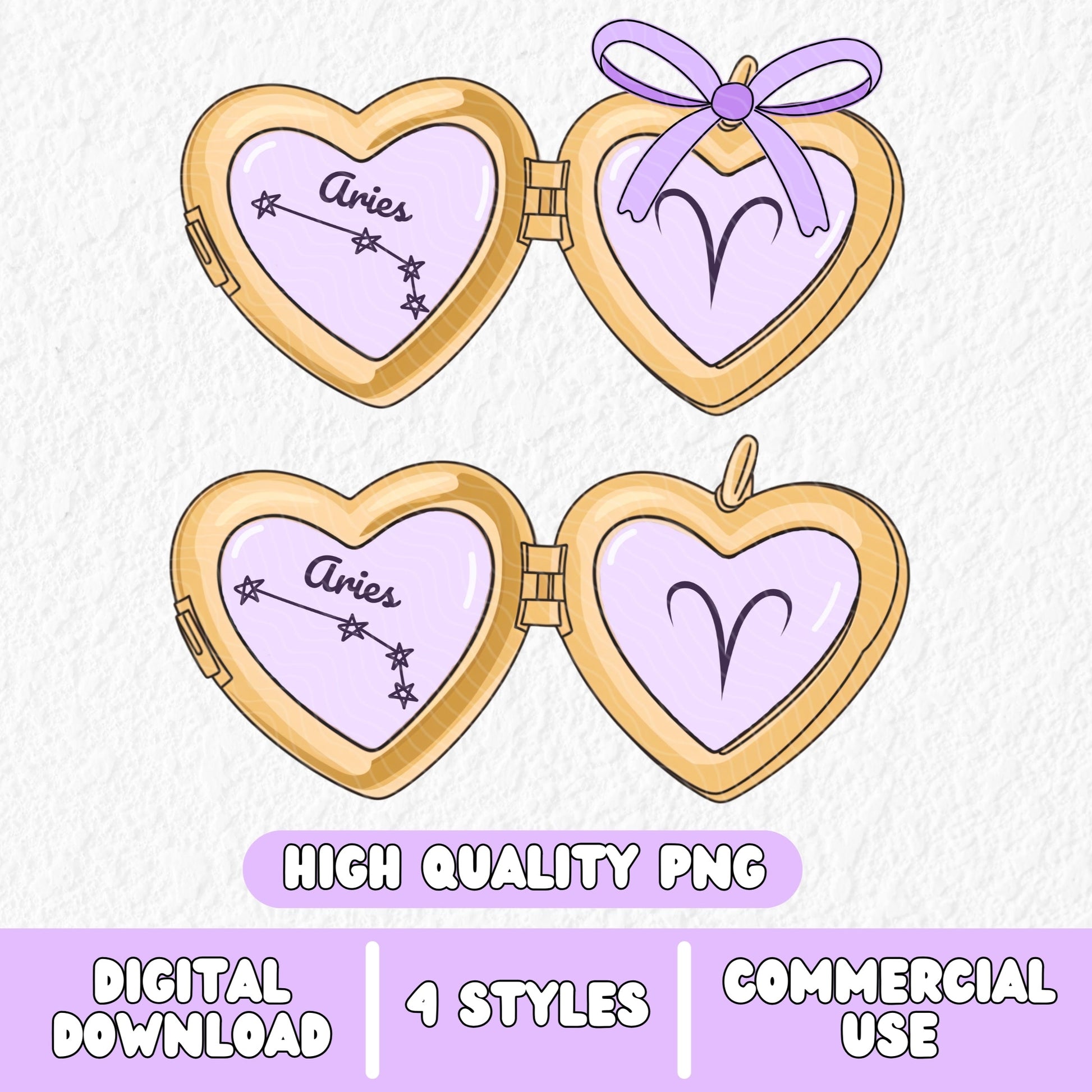a cute trending and popular PNG digital download design of a gold love heart locket featuring a zodiac star sign and constellation symbol, finished with a purple lilac bow.  Can be used to create physical stickers or use for sublimation on clothing such as t shirts, jumpers and canvas bags