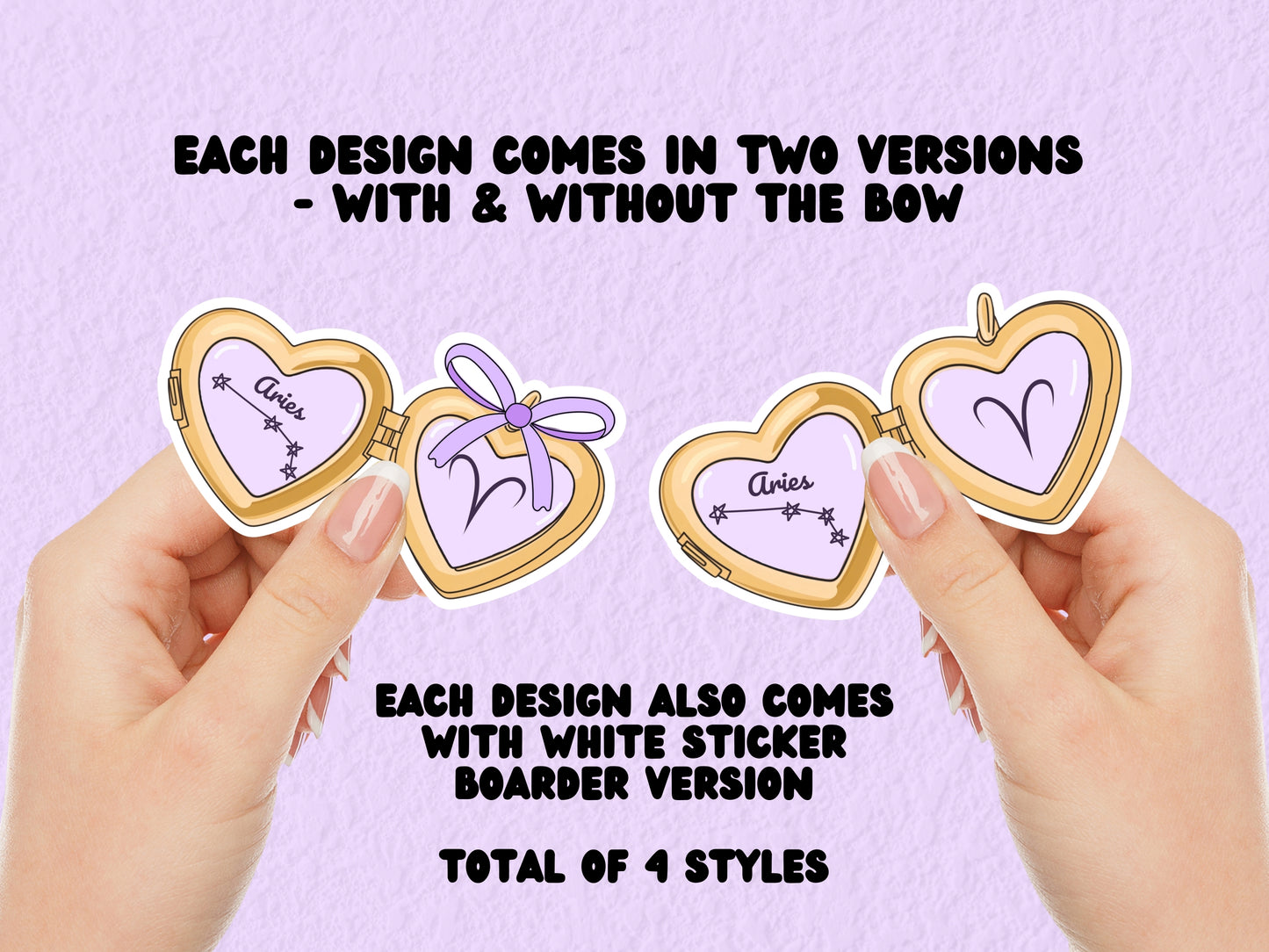 a cute trending and popular PNG digital download design of a gold love heart locket featuring a zodiac star sign and constellation symbol, finished with a purple lilac bow.  Can be used to create physical stickers or use for sublimation on clothing such as t shirts, jumpers and canvas bags