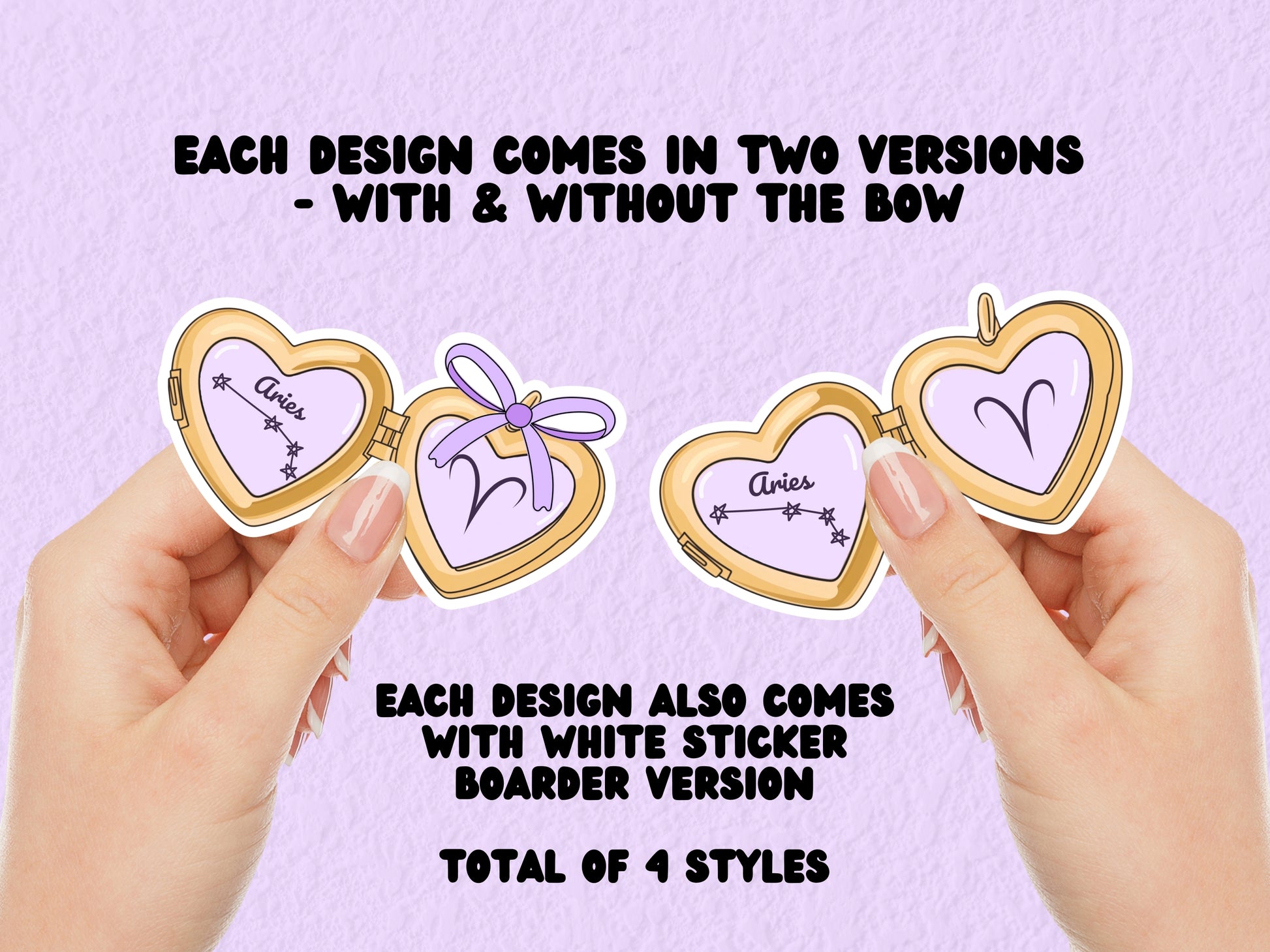 a cute trending and popular PNG digital download design of a gold love heart locket featuring a zodiac star sign and constellation symbol, finished with a purple lilac bow.  Can be used to create physical stickers or use for sublimation on clothing such as t shirts, jumpers and canvas bags