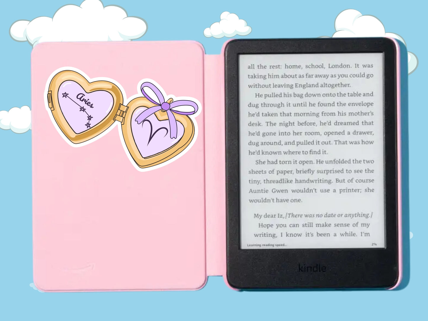 a cute trending and popular PNG digital download design of a gold love heart locket featuring a zodiac star sign and constellation symbol, finished with a purple lilac bow.  Can be used to create physical stickers or use for sublimation on clothing such as t shirts, jumpers and canvas bags