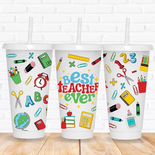 cold cup 24oz plastic wrap uv dtf print showing design for best teacher everperfect back to school gift