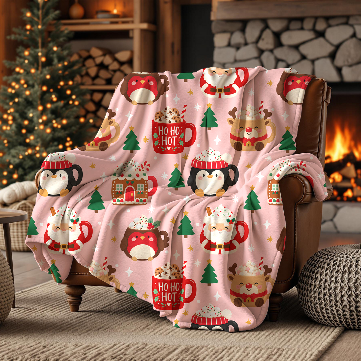Cute Christmas seamless pattern on a pink background featuring festive hot chocolate mugs shaped like Santa, reindeer, penguins, robins and gingerbread houses. Decorated with whipped cream, marshmallows, candy canes, Christmas trees, stars and snowflakes in red, green, pink and gold. 10x10 inch 300 DPI digital pattern for Christmas crafting, sublimation, tumblers, fabric and festive projects.