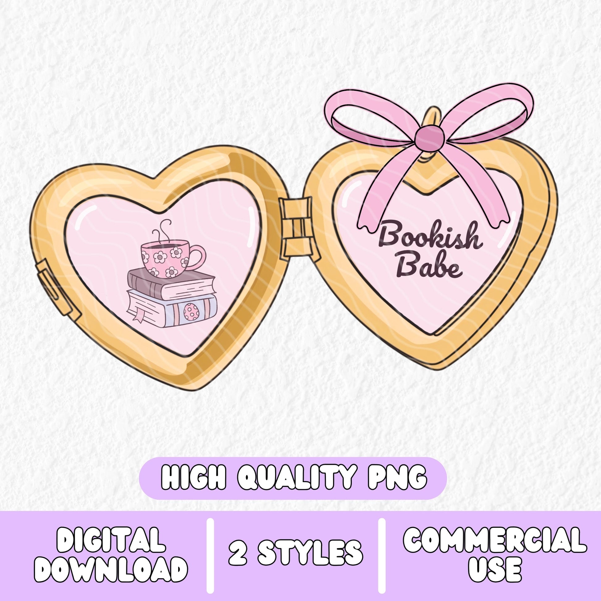 a cute trending and popular PNG digital download design of a gold love heart locket featuring bookish genres for book reading girls.  Can be used to create physical stickers or use for sublimation on clothing such as t shirts, jumpers and canvas bags