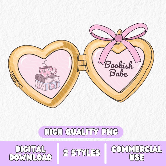 a cute trending and popular PNG digital download design of a gold love heart locket featuring bookish genres for book reading girls.  Can be used to create physical stickers or use for sublimation on clothing such as t shirts, jumpers and canvas bags