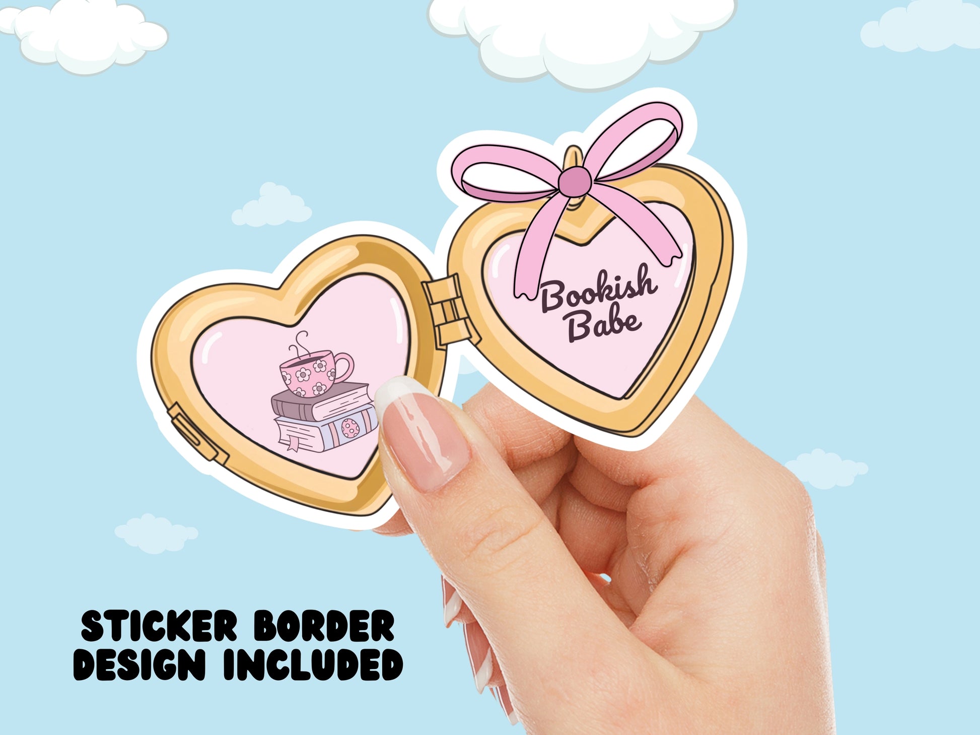 a cute trending and popular PNG digital download design of a gold love heart locket featuring bookish genres for book reading girls.  Can be used to create physical stickers or use for sublimation on clothing such as t shirts, jumpers and canvas bags