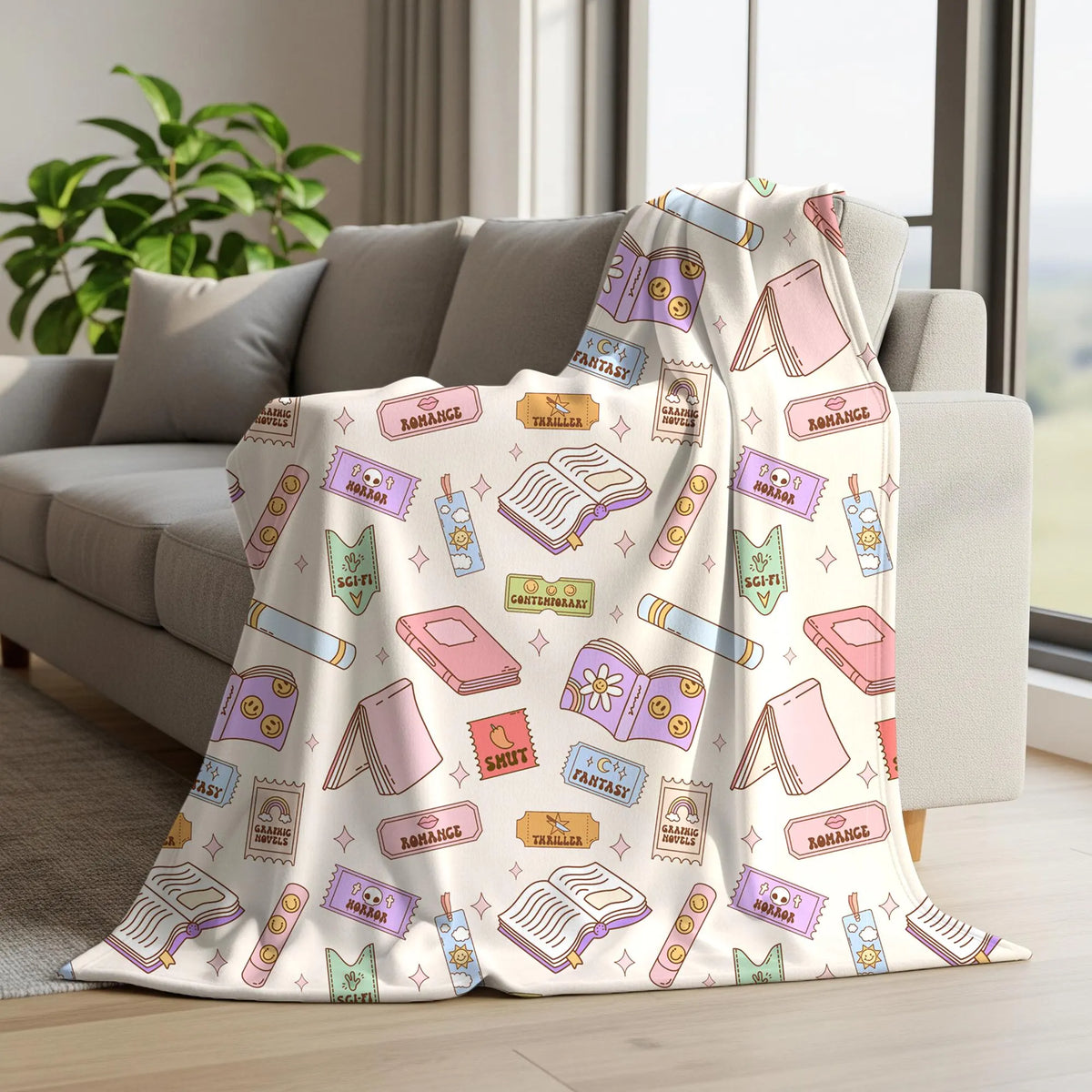 Pastel book lover seamless pattern printed on a throw blanket featuring open books, bookmarks and romance, horror, fantasy and sci-fi genre illustrations.