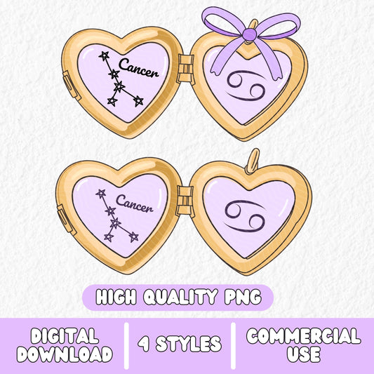 a cute trending and popular PNG digital download design of a gold love heart locket featuring a zodiac star sign and constellation symbol, finished with a purple lilac bow.  Can be used to create physical stickers or use for sublimation on clothing such as t shirts, jumpers and canvas bags