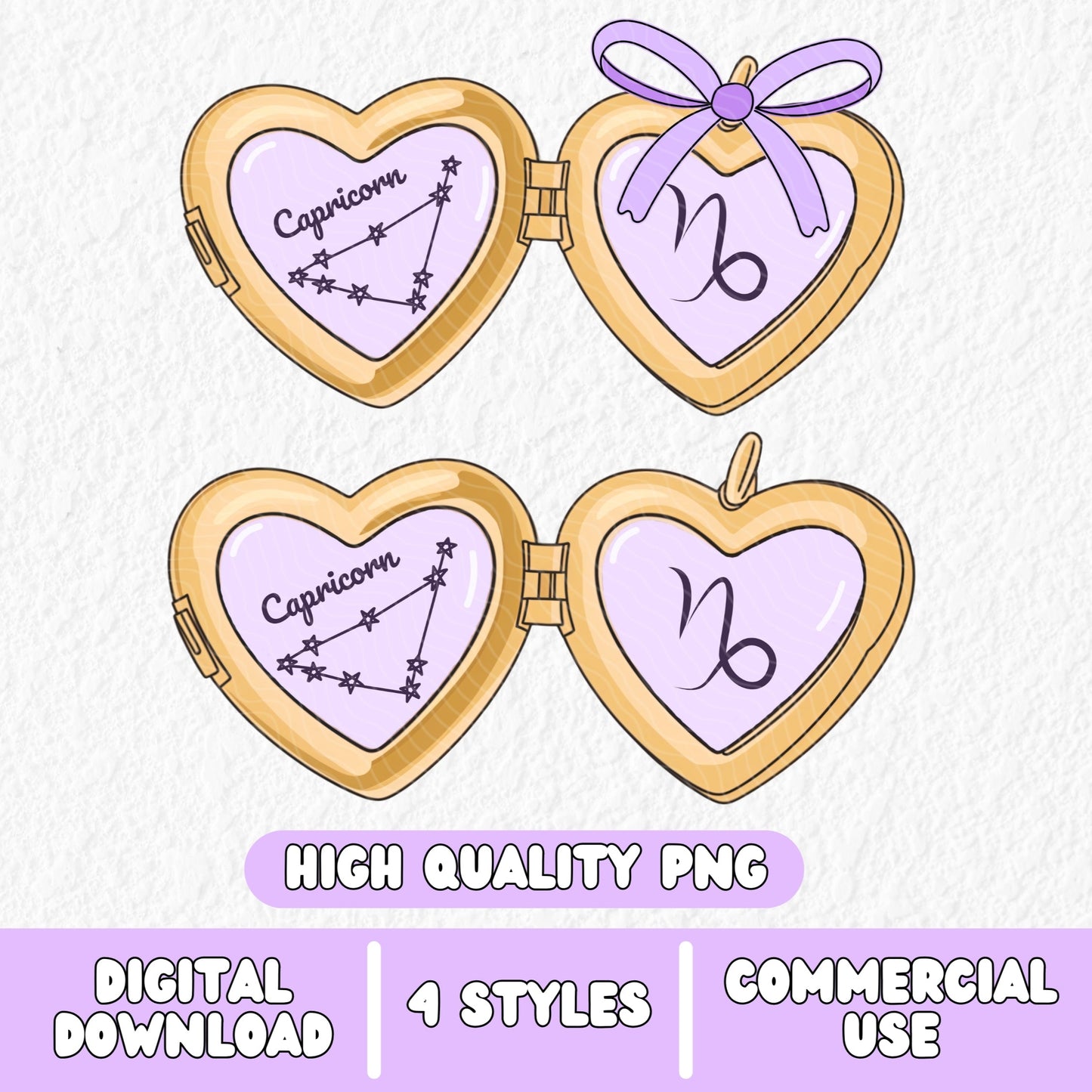 a cute trending and popular PNG digital download design of a gold love heart locket featuring a zodiac star sign and constellation symbol, finished with a purple lilac bow.  Can be used to create physical stickers or use for sublimation on clothing such as t shirts, jumpers and canvas bags