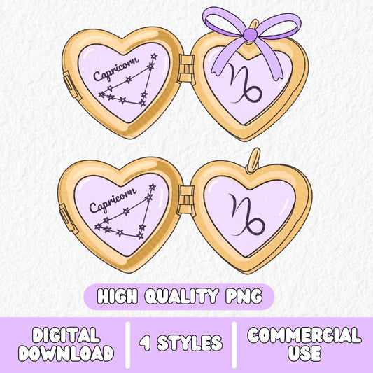 a cute trending and popular PNG digital download design of a gold love heart locket featuring a zodiac star sign and constellation symbol, finished with a purple lilac bow.  Can be used to create physical stickers or use for sublimation on clothing such as t shirts, jumpers and canvas bags