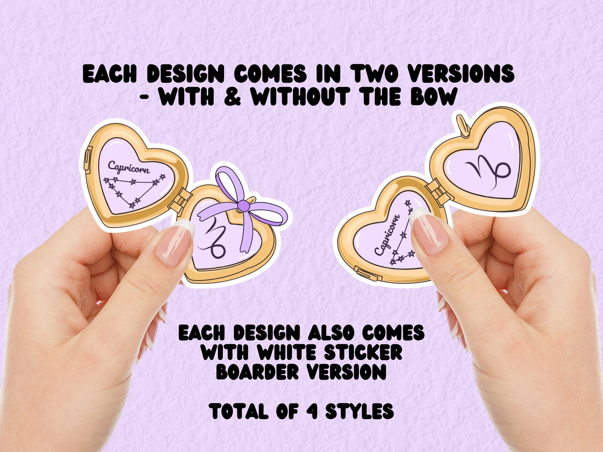 a cute trending and popular PNG digital download design of a gold love heart locket featuring a zodiac star sign and constellation symbol, finished with a purple lilac bow.  Can be used to create physical stickers or use for sublimation on clothing such as t shirts, jumpers and canvas bags