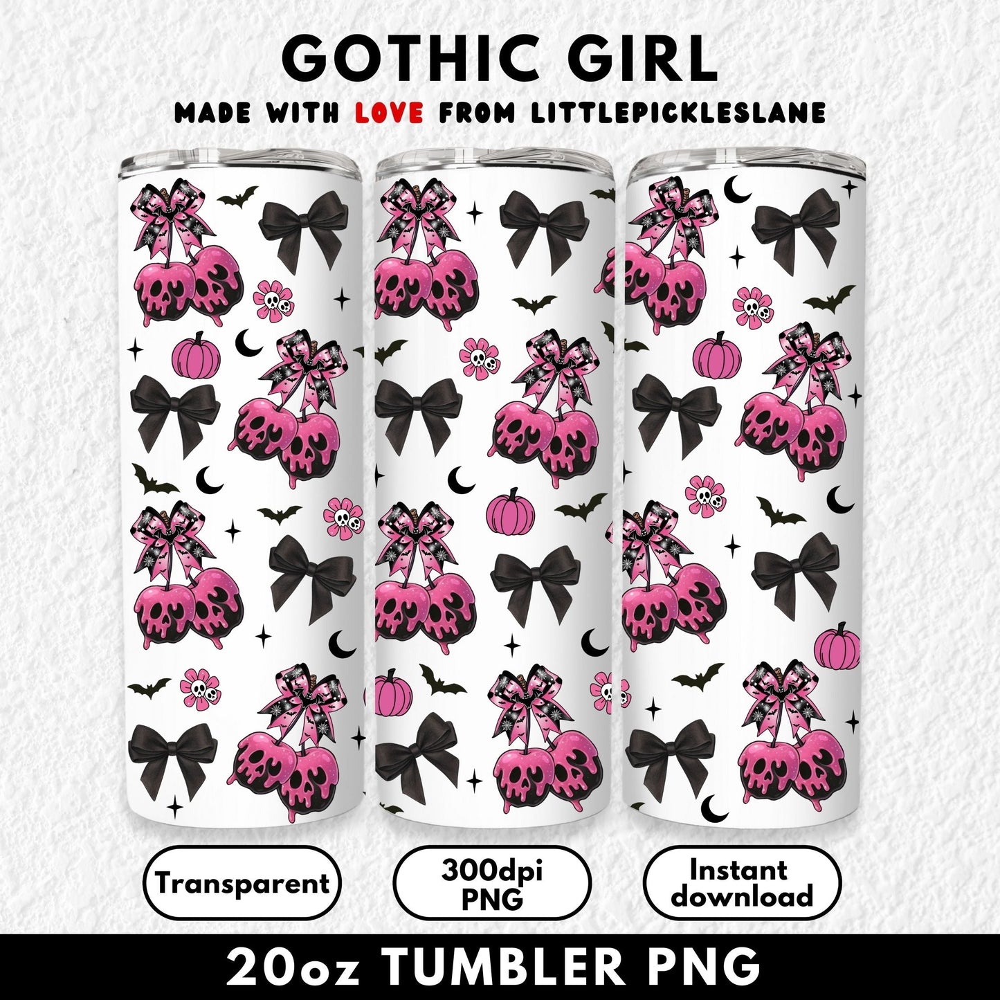20oz sublimation tumbler wrap digital download featuring pink gothic candy apples with skull designs, black bows, pumpkins, bats, and skull flowers. This spooky cute sublimation PNG wrap is perfect for Halloween crafting, gothic drinkware, or creepy cute tumbler designs. Seamless high-resolution file fits straight skinny tumblers and is ideal for DIY sublimation projects, small business crafting, or unique Halloween gift ideas. Instant digital download for sublimation printers.