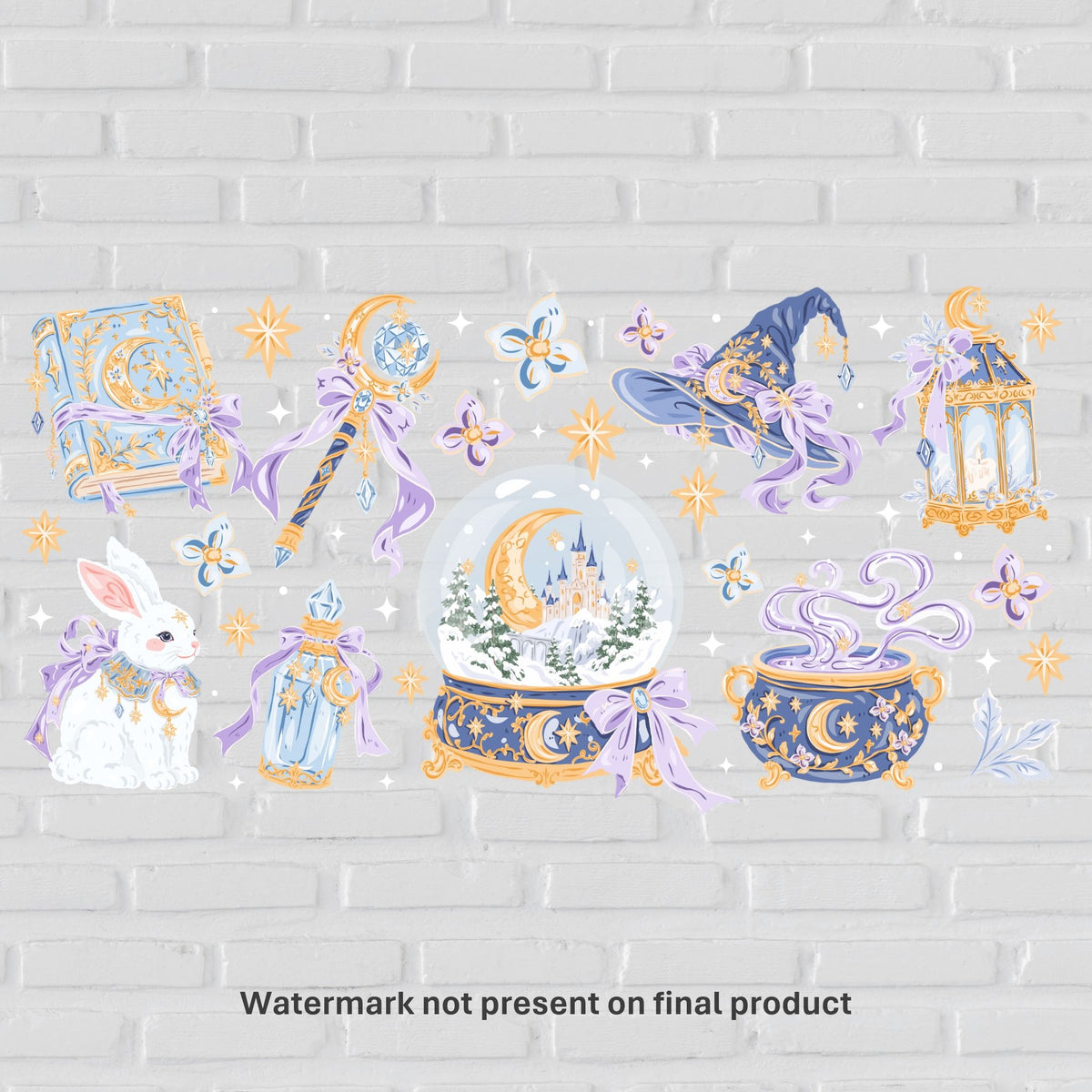 Winter Witch magical illustration featuring a blue and gold spellbook, celestial witch hat, crystal wand, enchanted snow globe, potion bottle, white rabbit, moonlit cauldron, lavender bows and golden stars in a pastel winter fantasy theme.