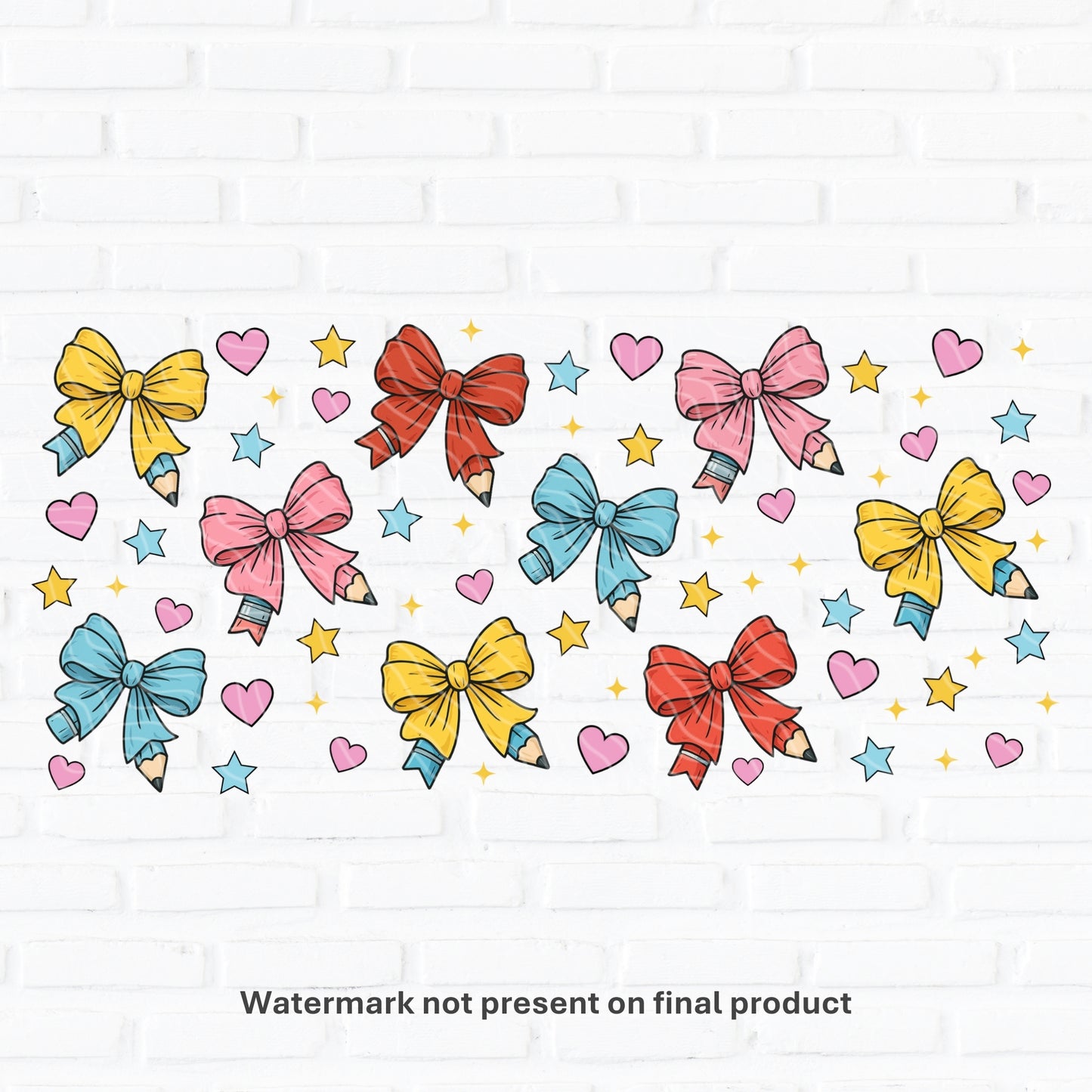 a cute uvdtf design showing coquette style design of pencil bows which is ideal for a teacher gift 16oz libbey glass can wrap
