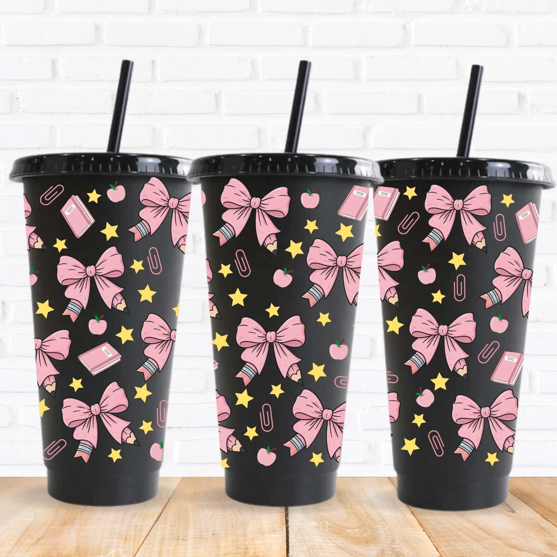 cute girl coquette design inspired for teachers gifts showing a pencil wrapped in pink bows with school accessories around