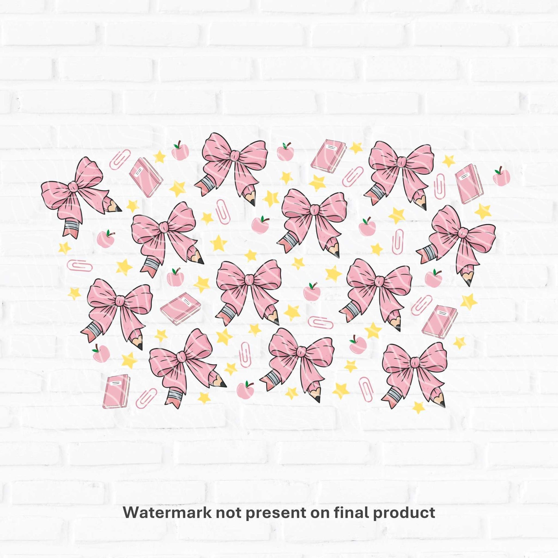 cute girl coquette design inspired for teachers gifts showing a pencil wrapped in pink bows with school accessories around