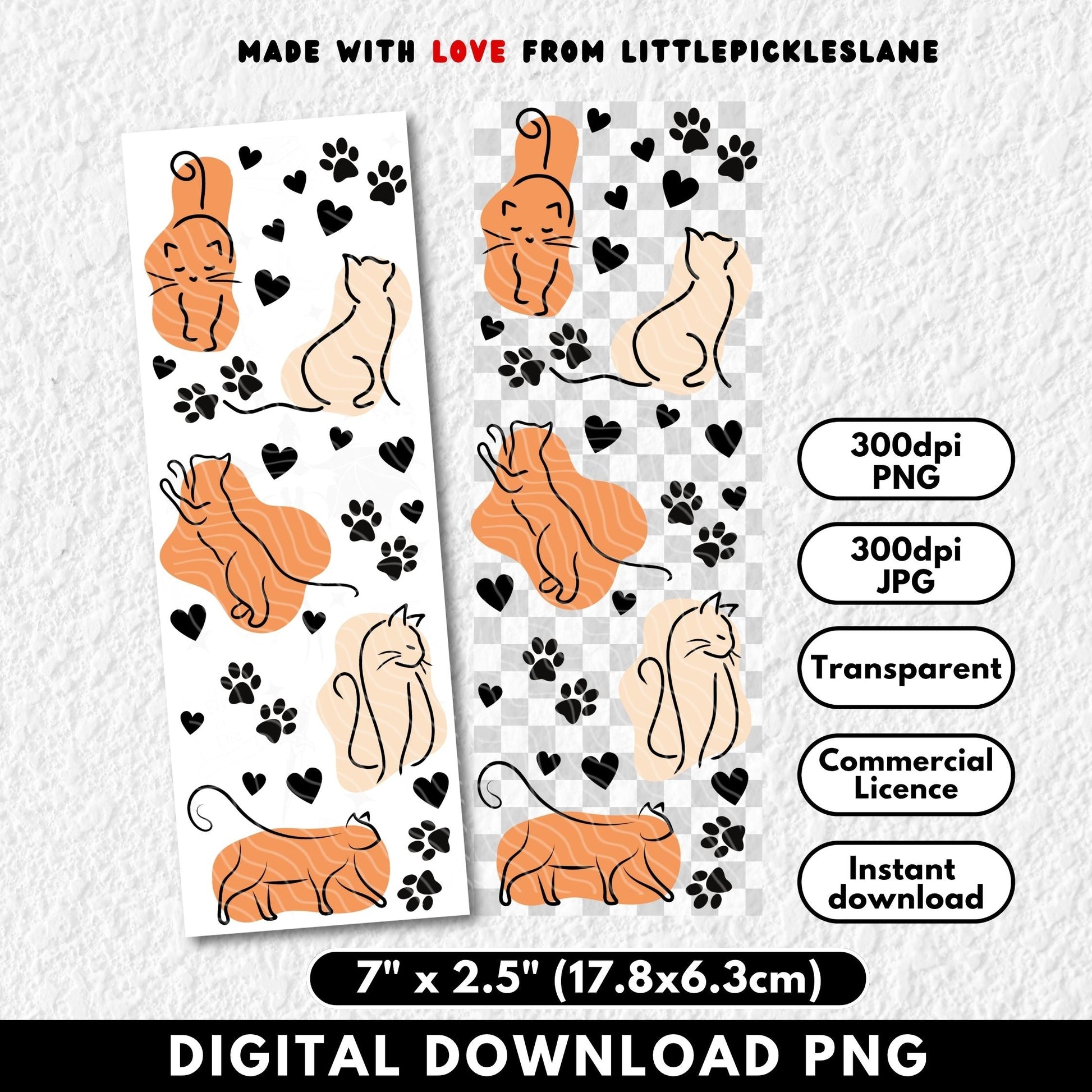 Digital download of cat illustrations with hearts and paw prints on a transparent background.