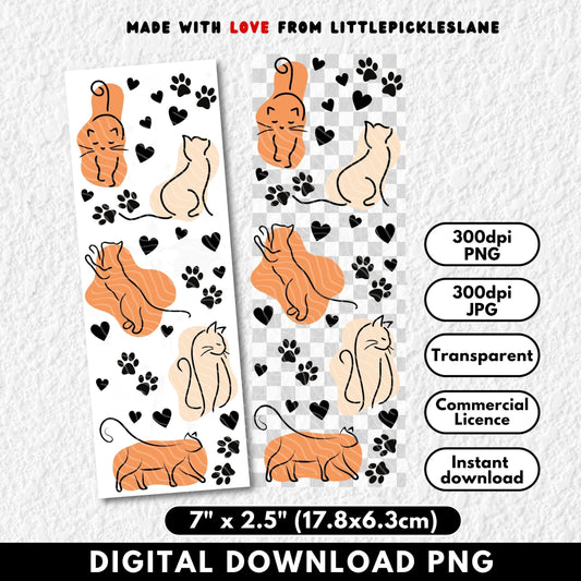 Digital download of cat illustrations with hearts and paw prints on a transparent background.