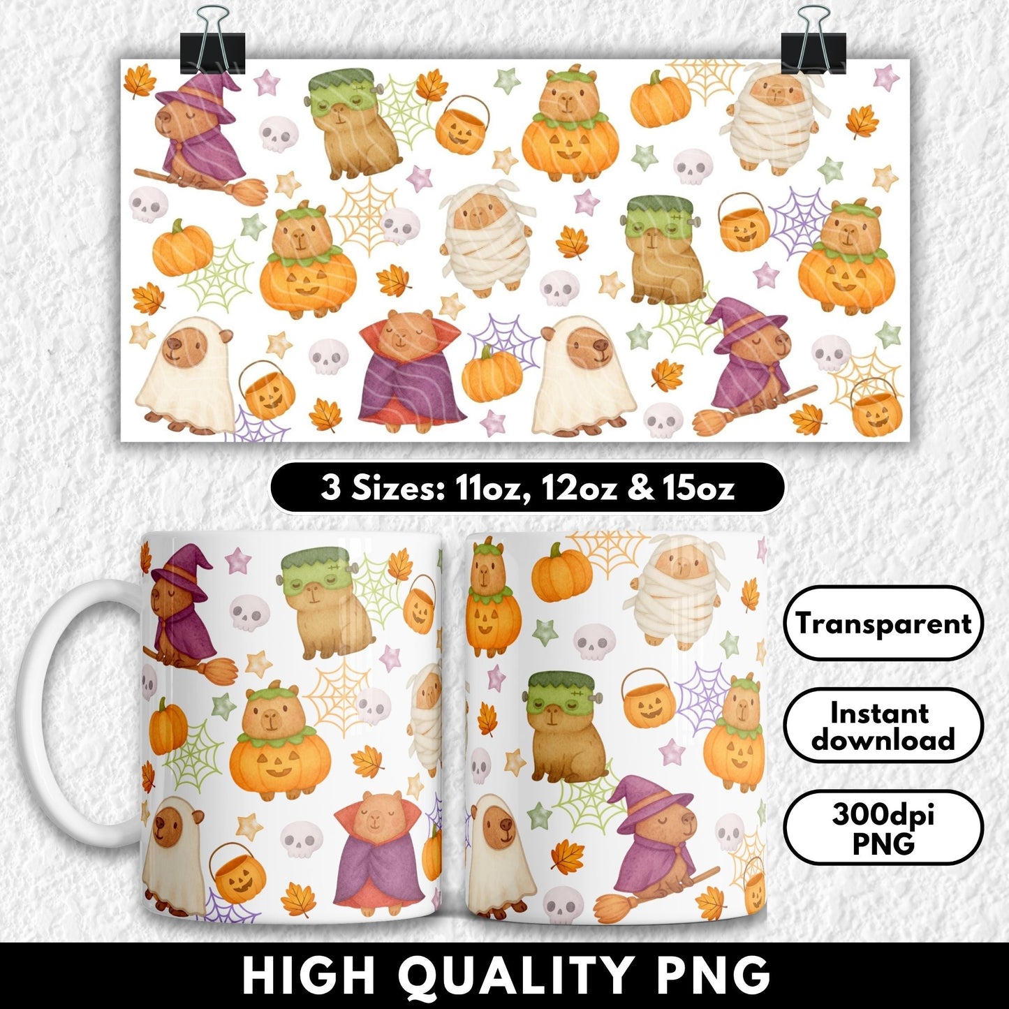 This adorable Halloween sublimation wrap features capybaras in cute costumes including mummies, ghosts, witches, vampires, and jack-o'-lantern outfits. Surrounded by pumpkins, skulls, candy buckets, spiderwebs, and autumn leaves, this kawaii-style design is perfect for seasonal mugs. High-resolution PNG sized for 11oz, 12oz, and 15oz sublimation mugs—ideal for spooky season gifts or Halloween crafting.