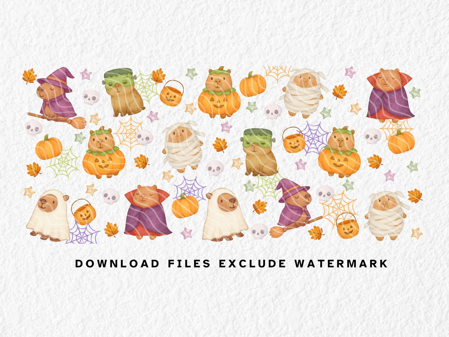 This adorable Halloween sublimation wrap features capybaras in cute costumes including mummies, ghosts, witches, vampires, and jack-o'-lantern outfits. Surrounded by pumpkins, skulls, candy buckets, spiderwebs, and autumn leaves, this kawaii-style design is perfect for seasonal mugs. High-resolution PNG sized for 11oz, 12oz, and 15oz sublimation mugs—ideal for spooky season gifts or Halloween crafting.