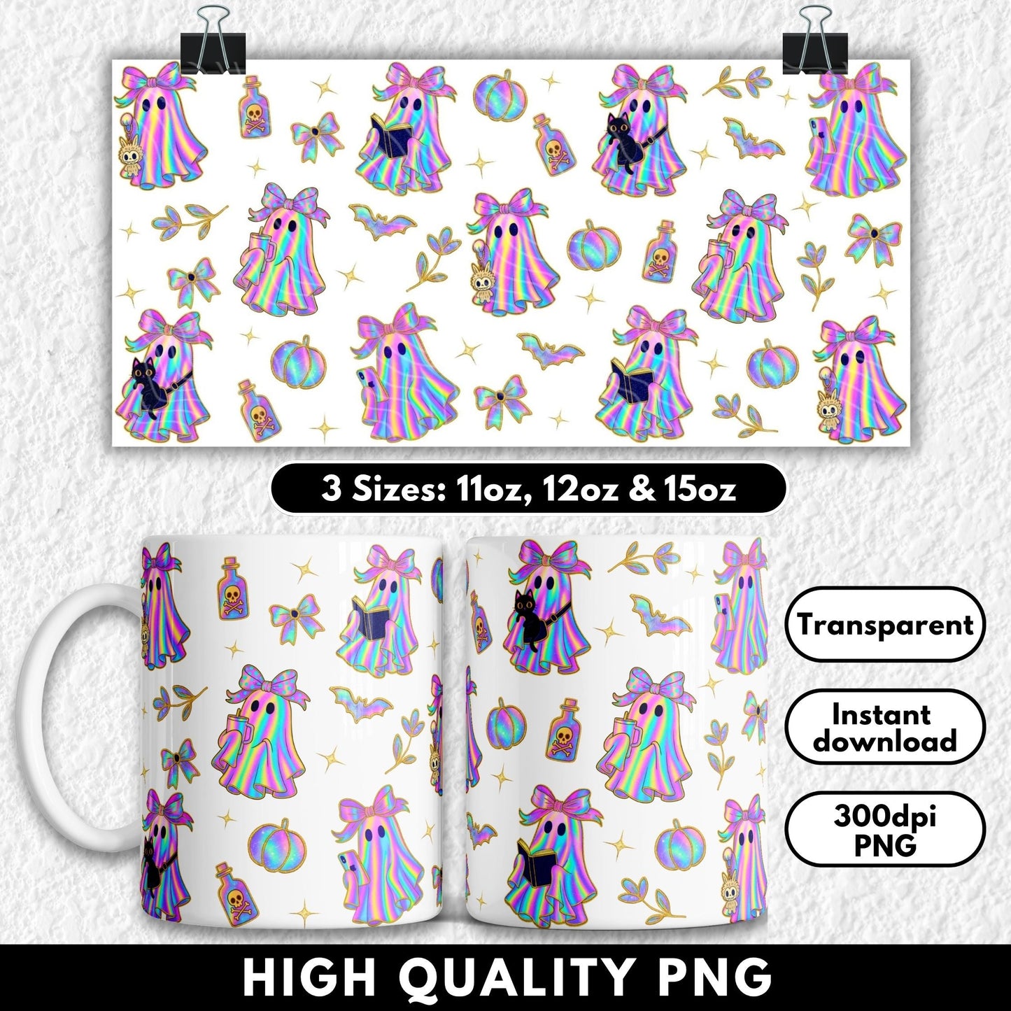 Whimsical iridescent pastel rainbow ghost tumbler wrap for 16oz Libbey glass cans, featuring cute ghosts with big glitter bows, holding coffee cups, books, phones, black cats, and plush keychains. Surrounded by pumpkins, bats, poison bottles, sparkles, and florals, all outlined in gold glitter. Perfect for Halloween drinkware, spooky season decor, and kawaii pastel gothic gifts. High-resolution PNG for sublimation or UV DTF printing.