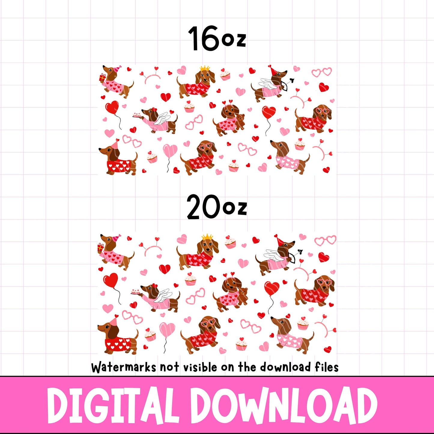 cute tumbler wrap digital download showing love heart and dachshund weiner sausage dogs in funny poses, 16oz and 20oz available PNG