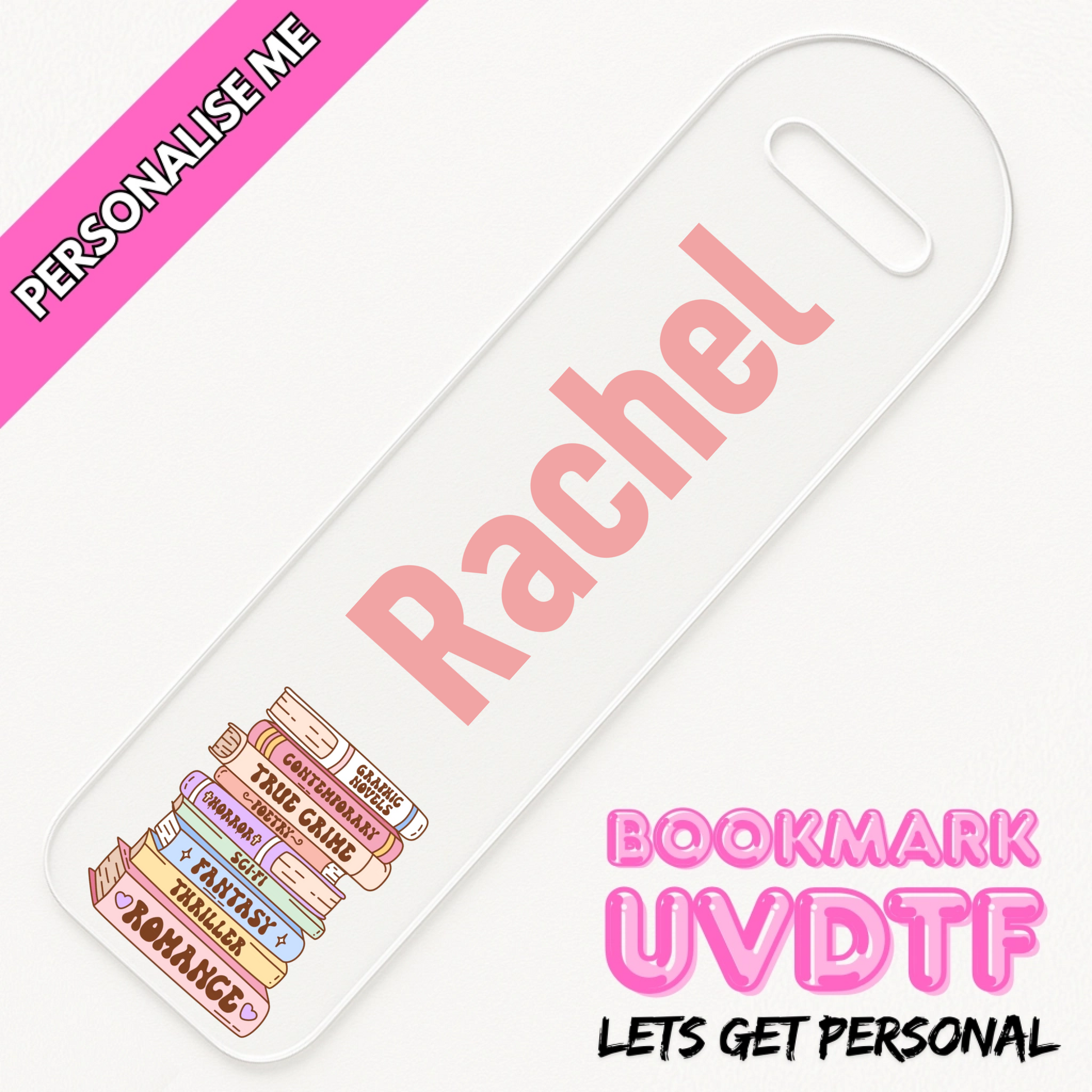 cute book club uv dtf transfer for blanks showing a stack of books including smut, romance, thriller