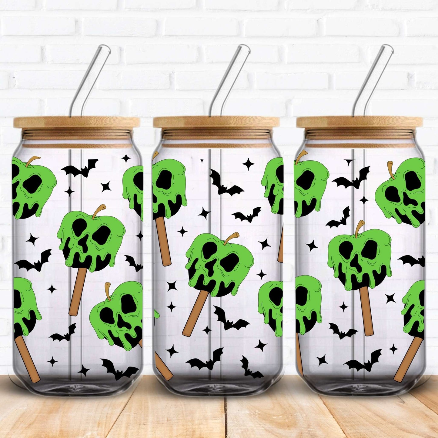 Digital PNG wrap design for 16oz Libbey glass cans featuring spooky poison apples with red faces and green slime dripping down. A fun, creepy pattern perfect for Halloween crafts, gothic drinkware, or fairytale villain aesthetics. Use with UV DTF, DTF, or sublimation to create eerie custom tumblers. Ideal for horror fans, spooky season gifts, or Disney-inspired dark princess collections.