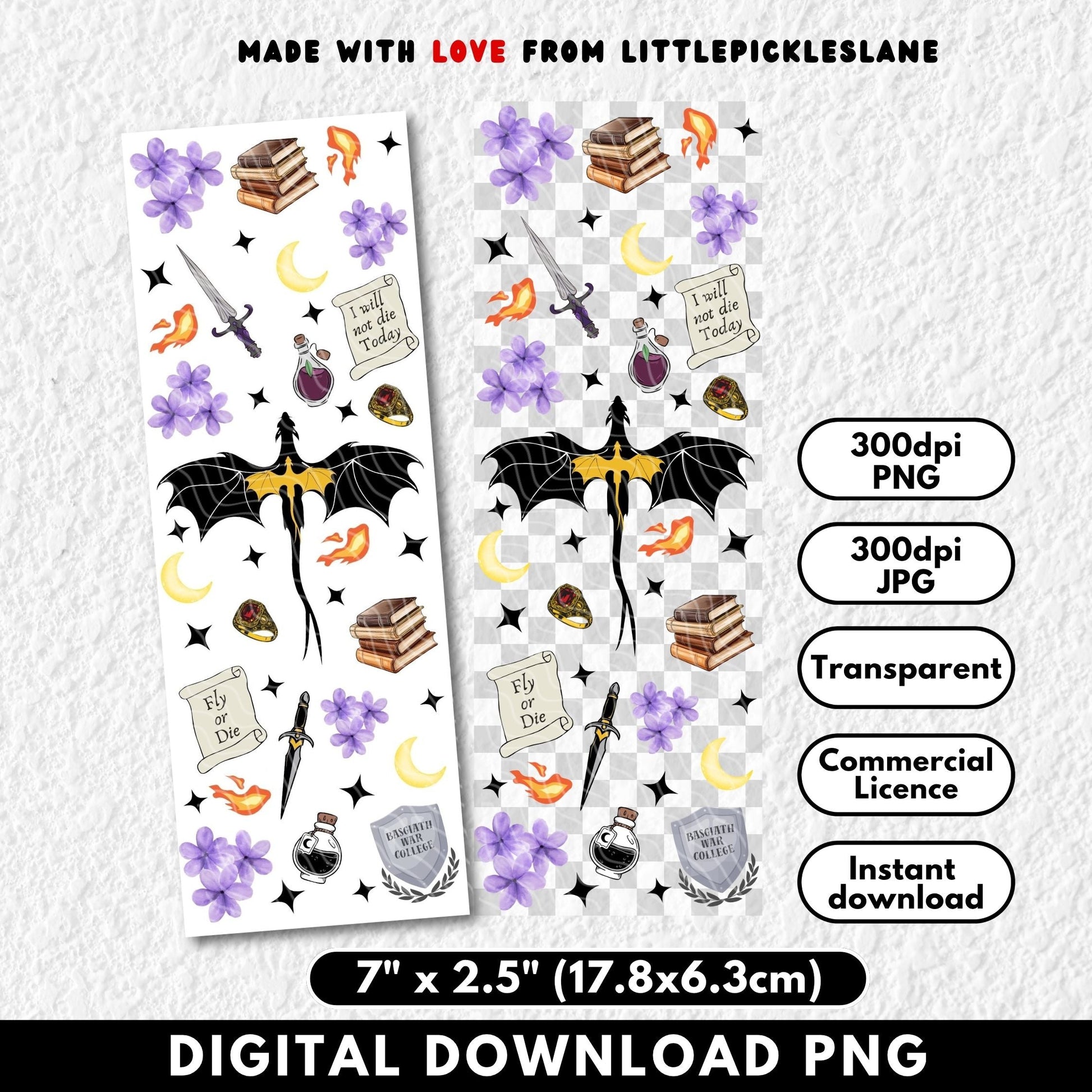 Digital download of fourth wing with transparent background, dimensions, and licensing details.