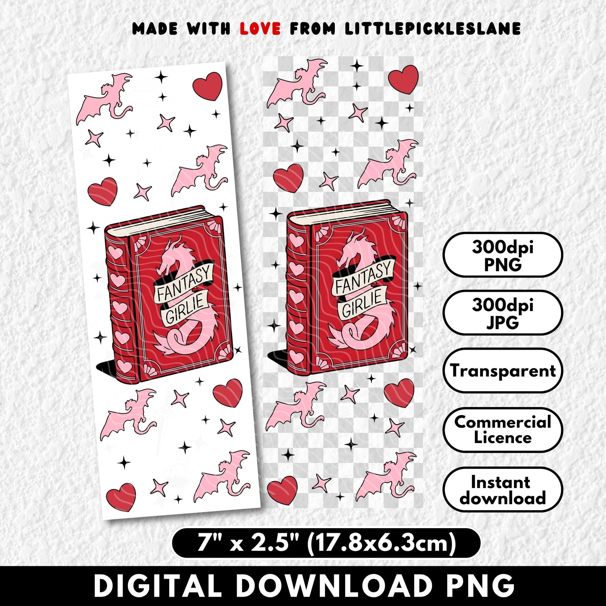 Digital download of a red fantasy book with pink dragons and hearts on a white background, featuring Little Pickles Lane branding.