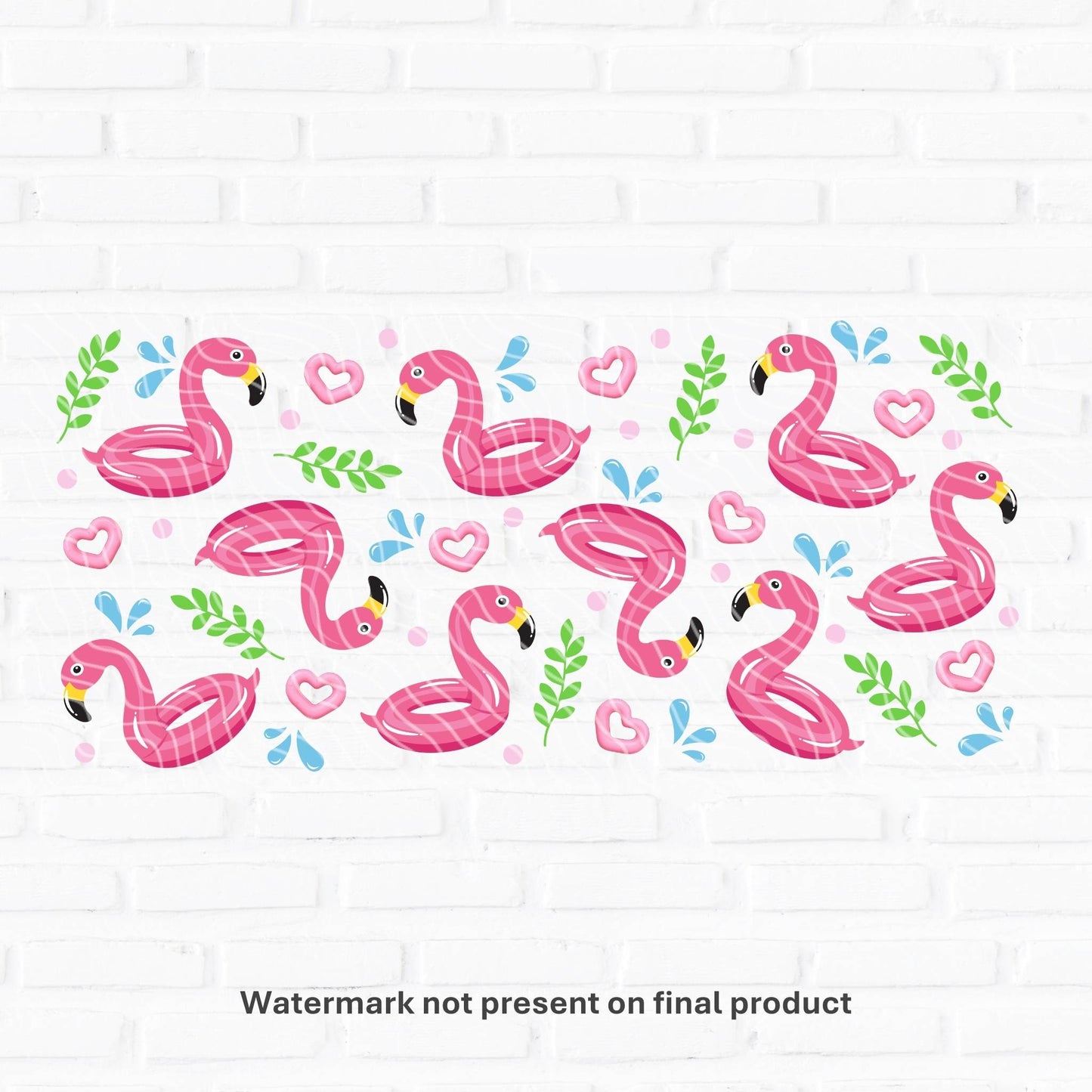 cute pink flamingo uv dtf wrap for 16oz libbey glass cans.  Uk supplier of printed transfers for bamboo beer glasses