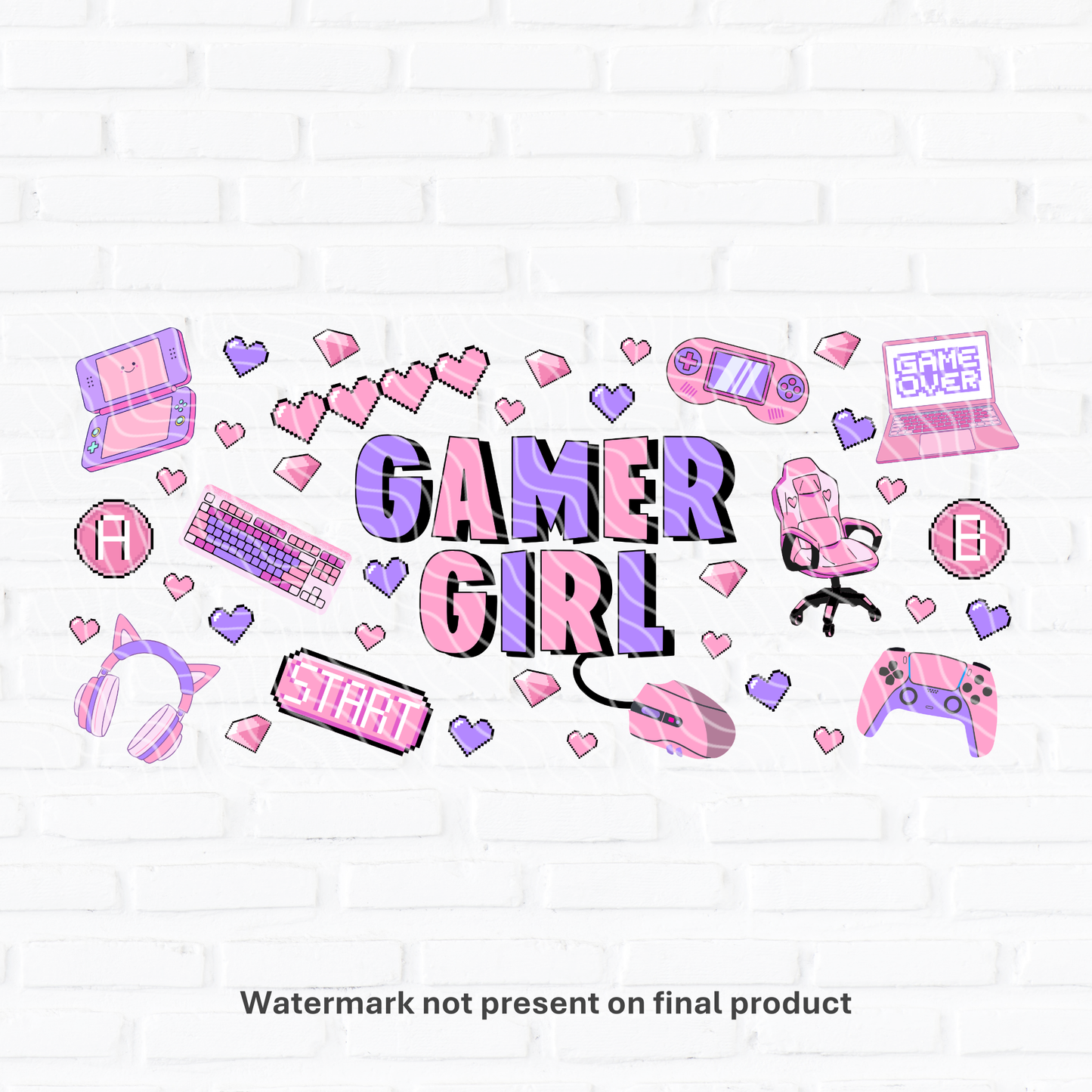 cute girly gamer girl uv dtf wrap for libbey glass can tumblers 16oz size