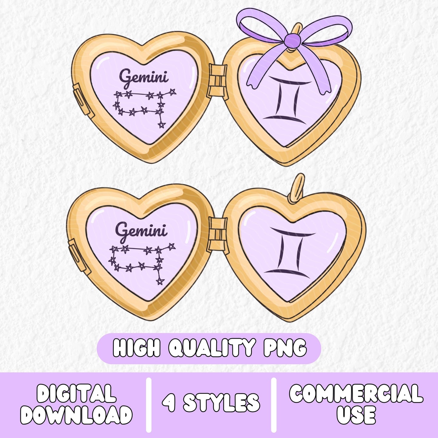 a cute trending and popular PNG digital download design of a gold love heart locket featuring a zodiac star sign and constellation symbol, finished with a purple lilac bow.  Can be used to create physical stickers or use for sublimation on clothing such as t shirts, jumpers and canvas bags
