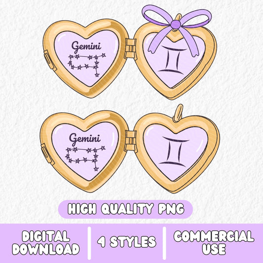 a cute trending and popular PNG digital download design of a gold love heart locket featuring a zodiac star sign and constellation symbol, finished with a purple lilac bow.  Can be used to create physical stickers or use for sublimation on clothing such as t shirts, jumpers and canvas bags