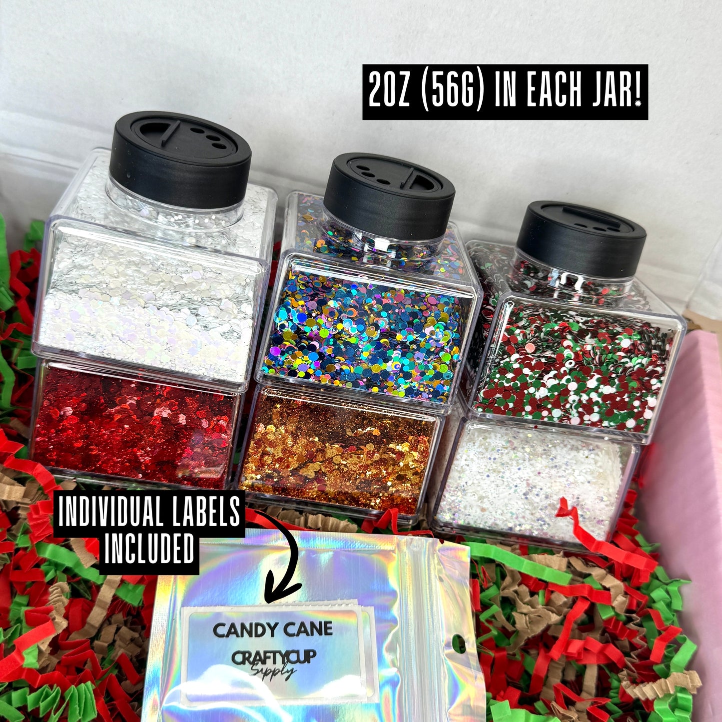 Christmas Glitter Box 6x 2oz/56g, With Stacker Jars & Labels (WORTH £51!)