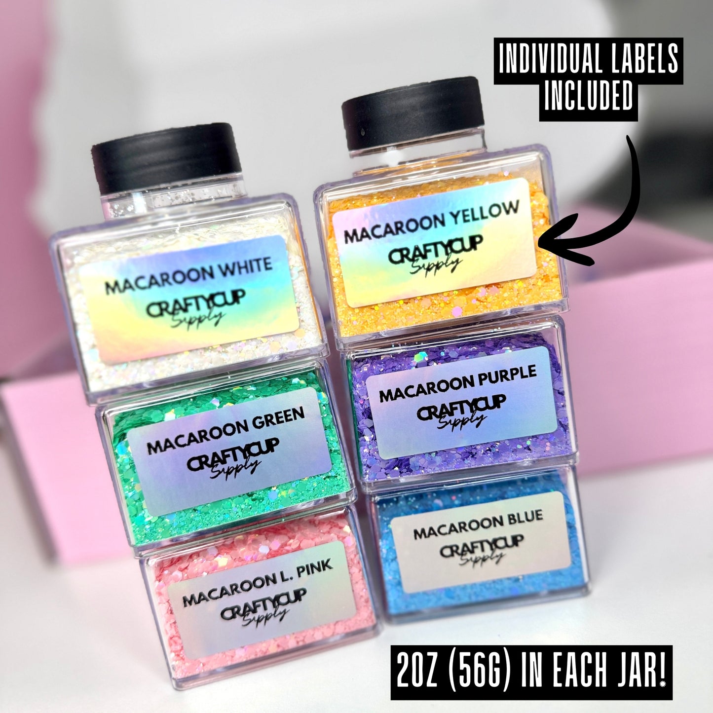 Macaroon Glitter Box 6x 2oz/56g, With Stacker Jars & Labels (WORTH £51!)