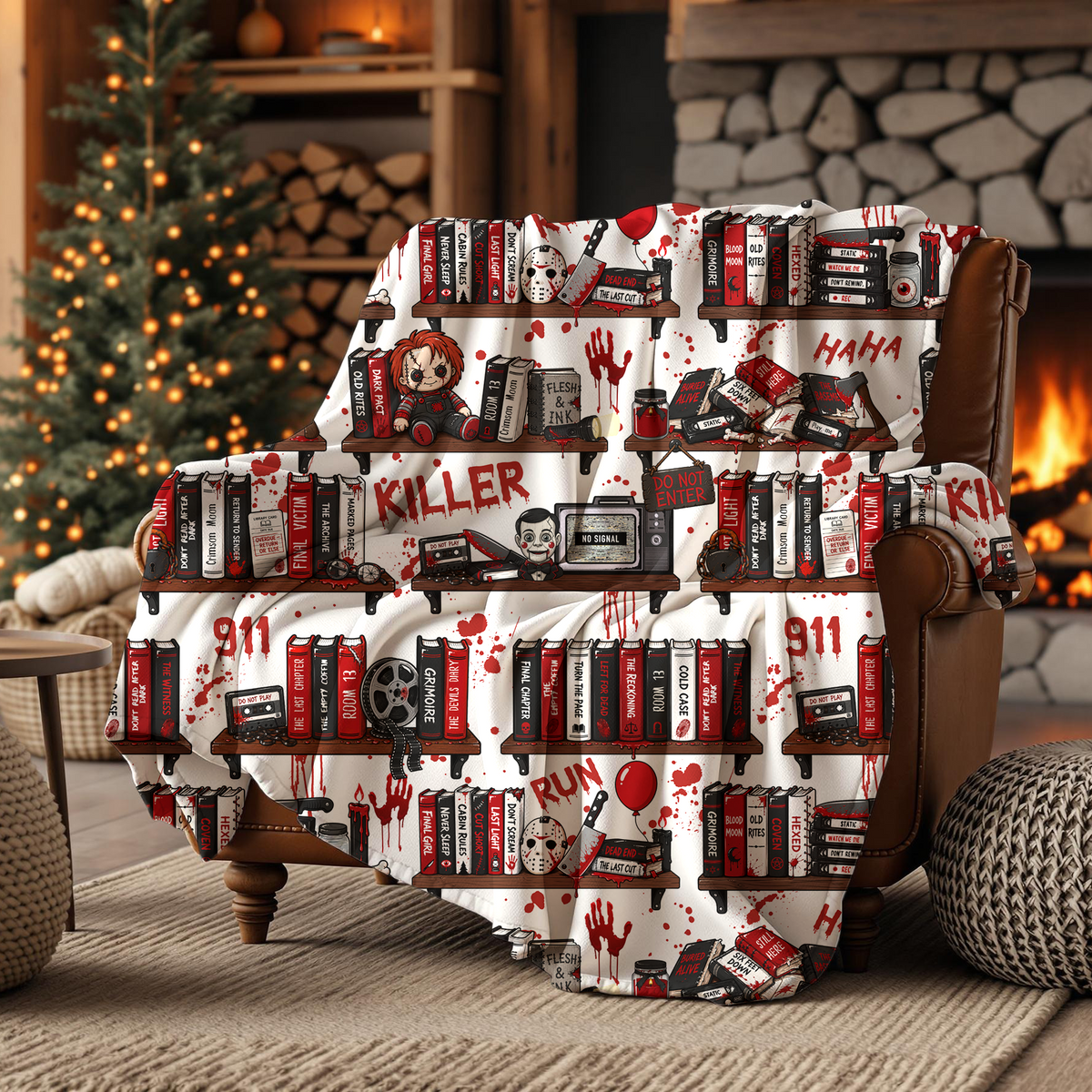 A cozy living room scene with a brown leather armchair draped in a white throw blanket printed with red and black horror-themed bookshelf illustrations, including cassette tapes, skulls, and the word 'KILLER'. A fireplace, wood shelves, and a decorated Christmas tree are visible in the background.