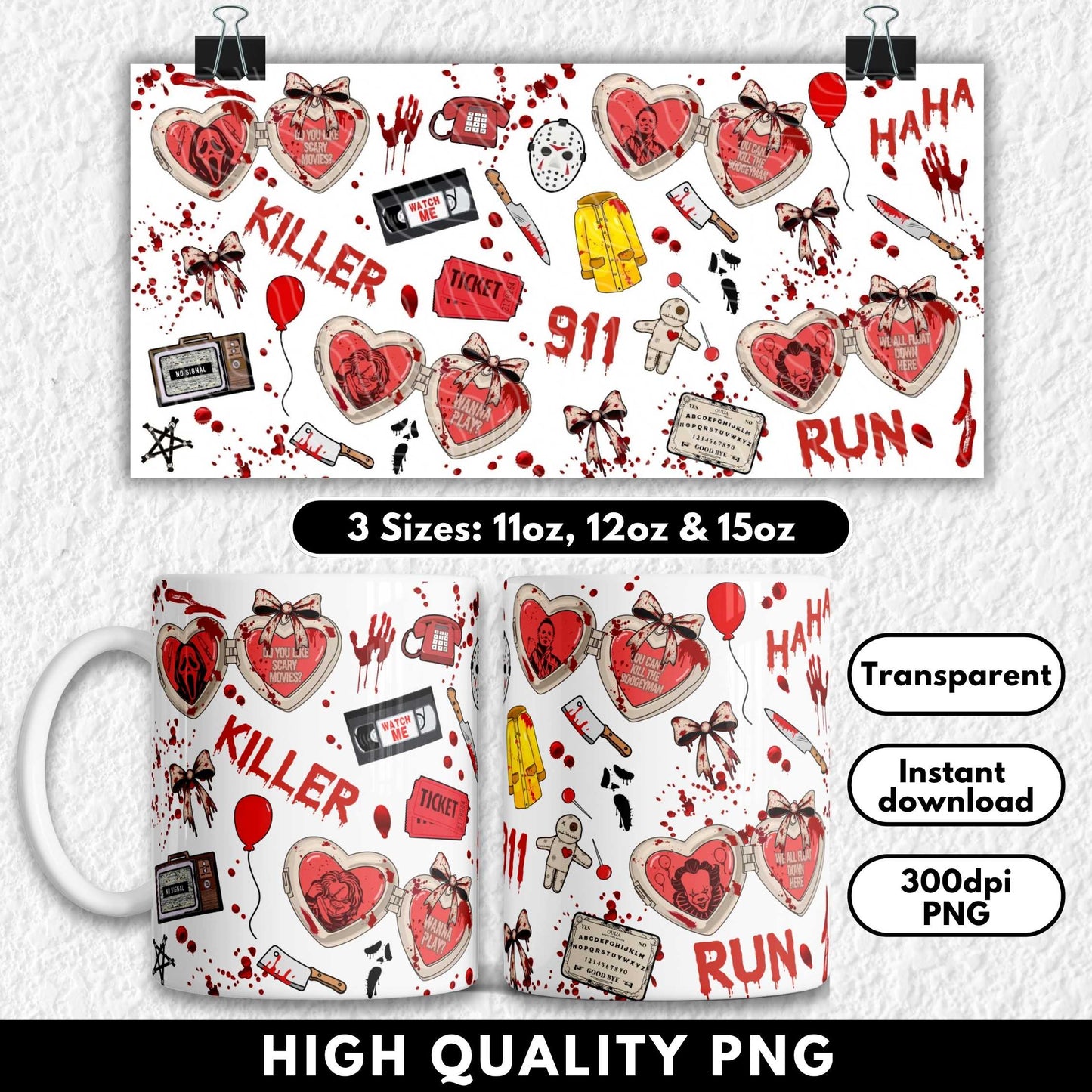 This horror movie-themed sublimation wrap features heart-shaped lockets with iconic slasher villains like Ghostface, Michael Myers, Pennywise, and Chucky. Surrounded by bloody weapons, creepy text like “KILLER” and “RUN,” red balloons, VHS tapes, voodoo dolls, and Ouija boards, this high-resolution PNG is perfect for spooky season mugs. Sized for 11oz, 12oz, and 15oz sublimation mugs. Ideal for horror fans and Halloween gifts.