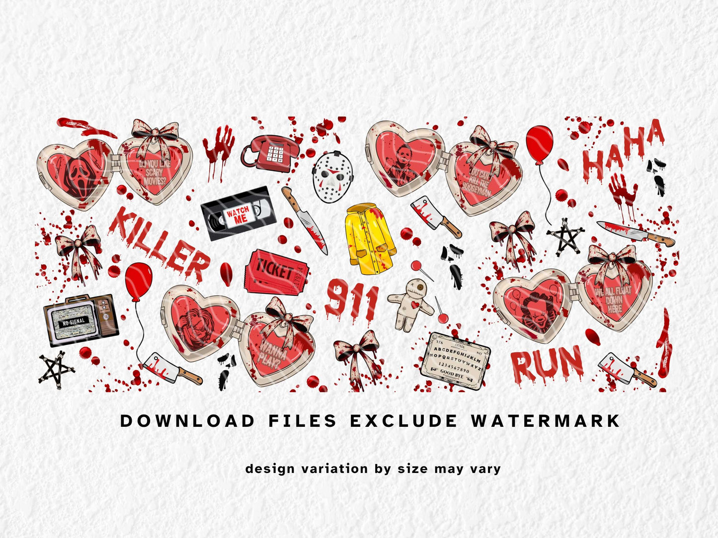 This horror movie-themed sublimation wrap features heart-shaped lockets with iconic slasher villains like Ghostface, Michael Myers, Pennywise, and Chucky. Surrounded by bloody weapons, creepy text like “KILLER” and “RUN,” red balloons, VHS tapes, voodoo dolls, and Ouija boards, this high-resolution PNG is perfect for spooky season mugs. Sized for 11oz, 12oz, and 15oz sublimation mugs. Ideal for horror fans and Halloween gifts.