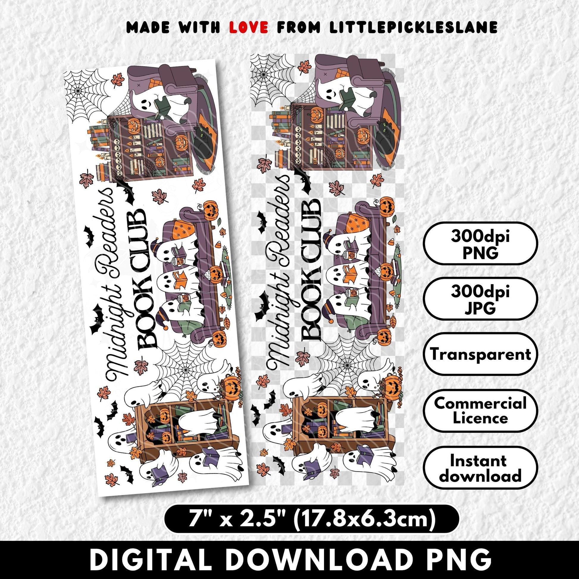 Two Halloween-themed bookmarks with text and graphics on a white background, featuring 'Little Pickles Lane' branding.