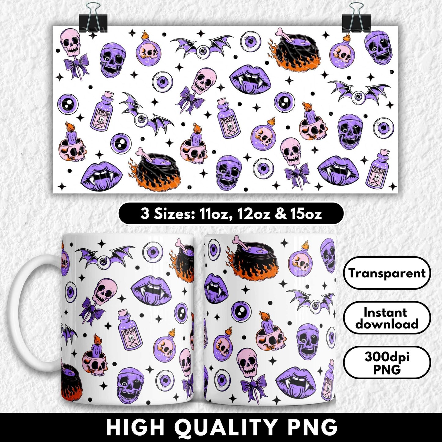 This spooky and bold Halloween sublimation mug wrap features hand-drawn skulls, vampire lips, cauldrons, poison bottles, and eerie eyeballs in vibrant purple, pink, and orange hues. Designed for 11oz, 12oz, and 15oz sublimation mugs, it’s perfect for gothic Halloween gifts or witchy drinkware. High-resolution PNG for crafters looking to add a creepy cute touch to their Halloween creations.