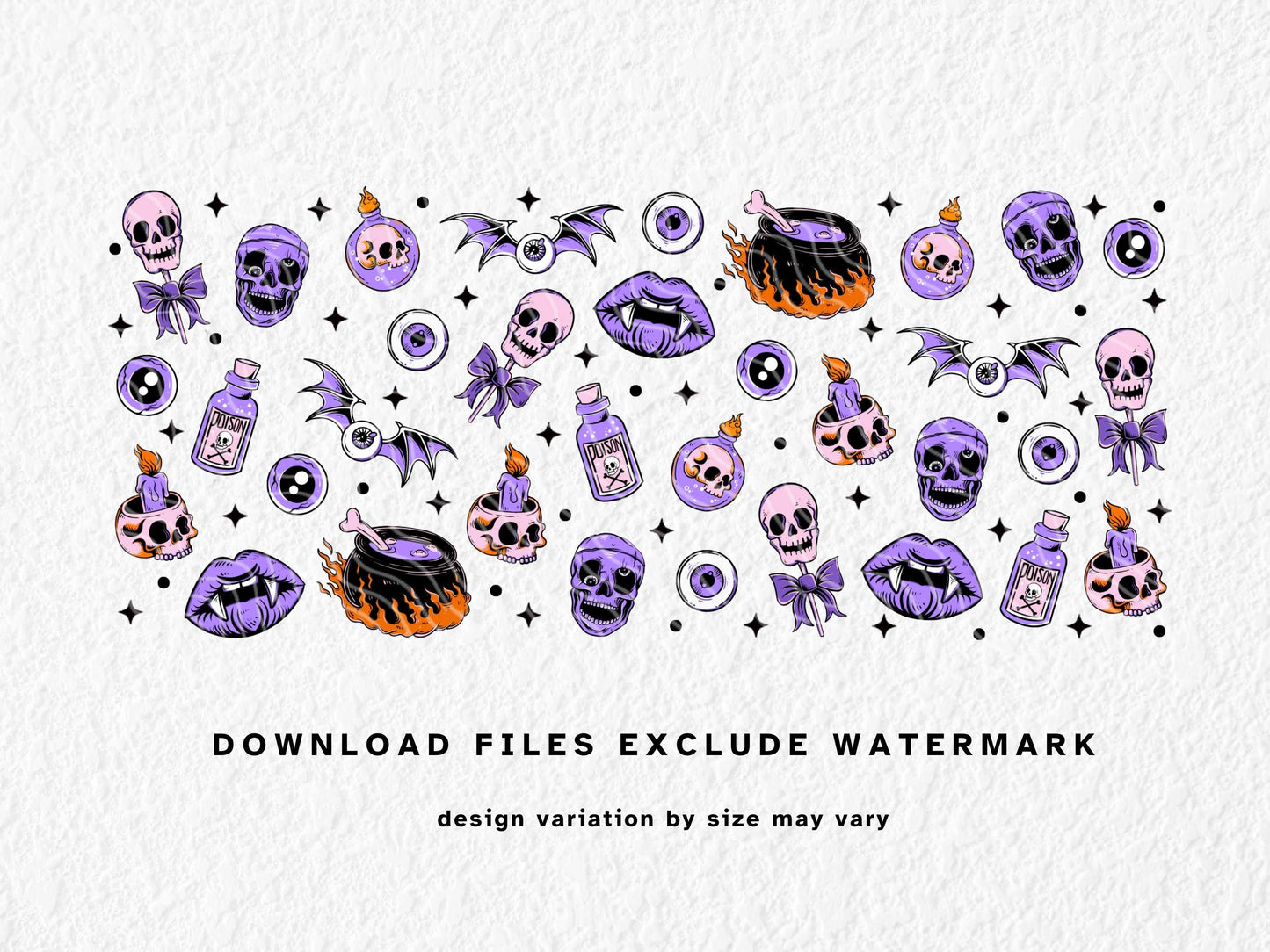 This spooky and bold Halloween sublimation mug wrap features hand-drawn skulls, vampire lips, cauldrons, poison bottles, and eerie eyeballs in vibrant purple, pink, and orange hues. Designed for 11oz, 12oz, and 15oz sublimation mugs, it’s perfect for gothic Halloween gifts or witchy drinkware. High-resolution PNG for crafters looking to add a creepy cute touch to their Halloween creations.