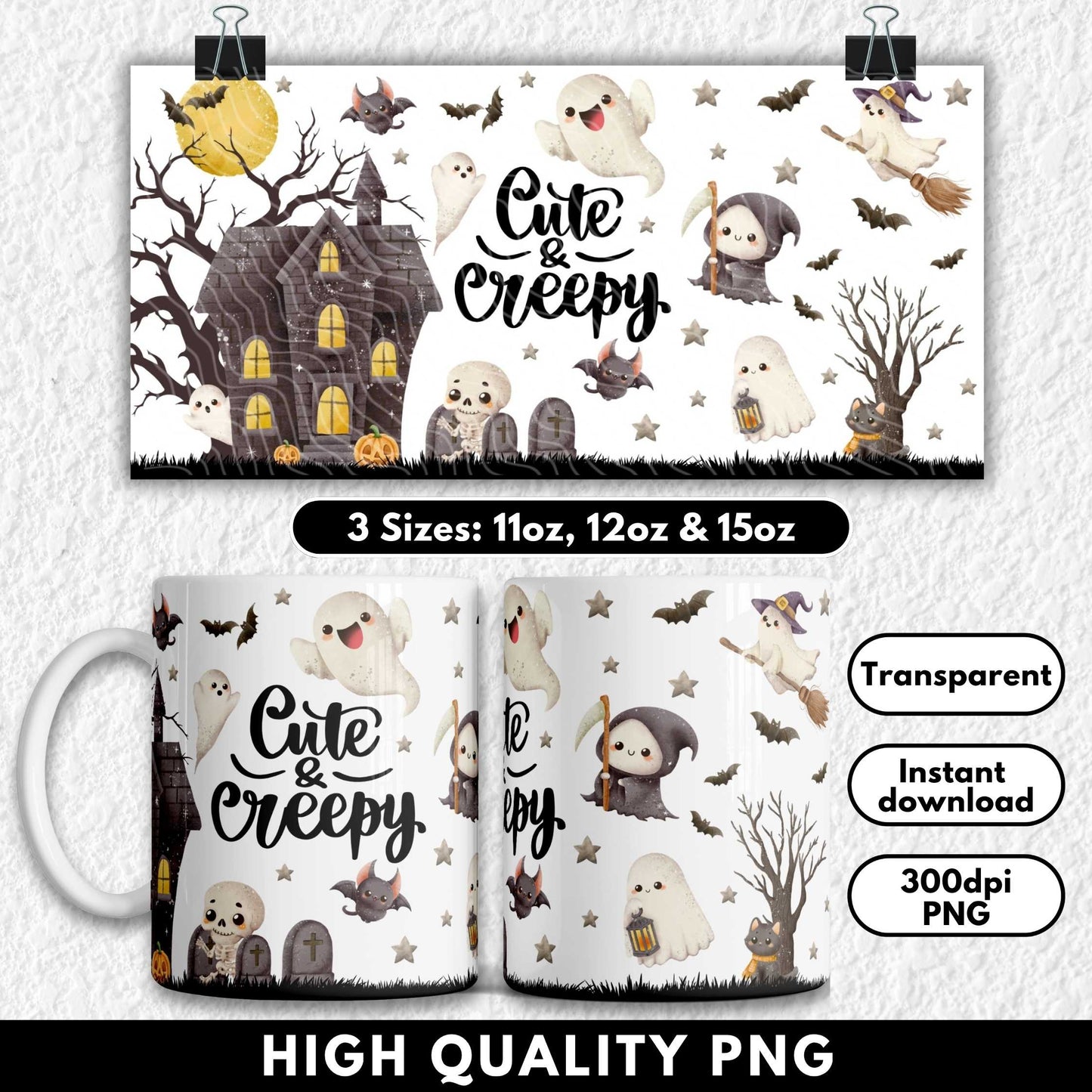 This adorable Halloween Libbey glass can wrap design features a haunted house scene with cute pastel ghosts, bats, a skeleton, pumpkins, and a spooky tree under a glowing full moon. Perfect for 16oz and 20oz tumblers, this PNG is ideal for sublimation or UV DTF projects. Great for spooky season lovers, it adds a playful gothic touch to your Halloween drinkware or craft business!